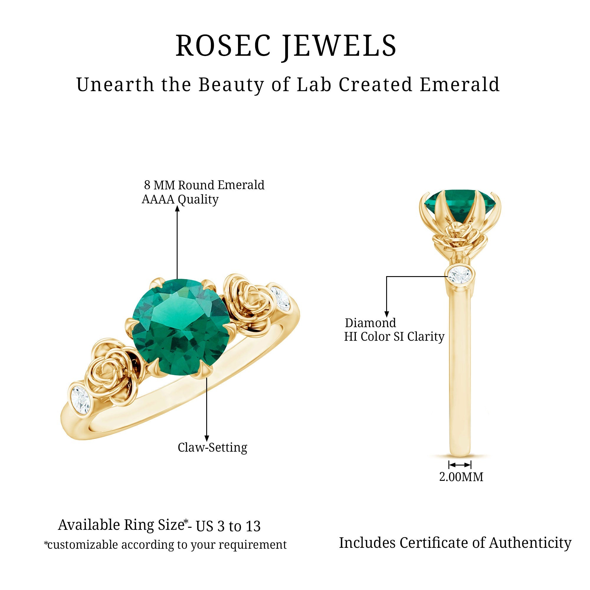 Certified 2 Carat Lab Grown Emerald Diamond Engagement Ring with Flower