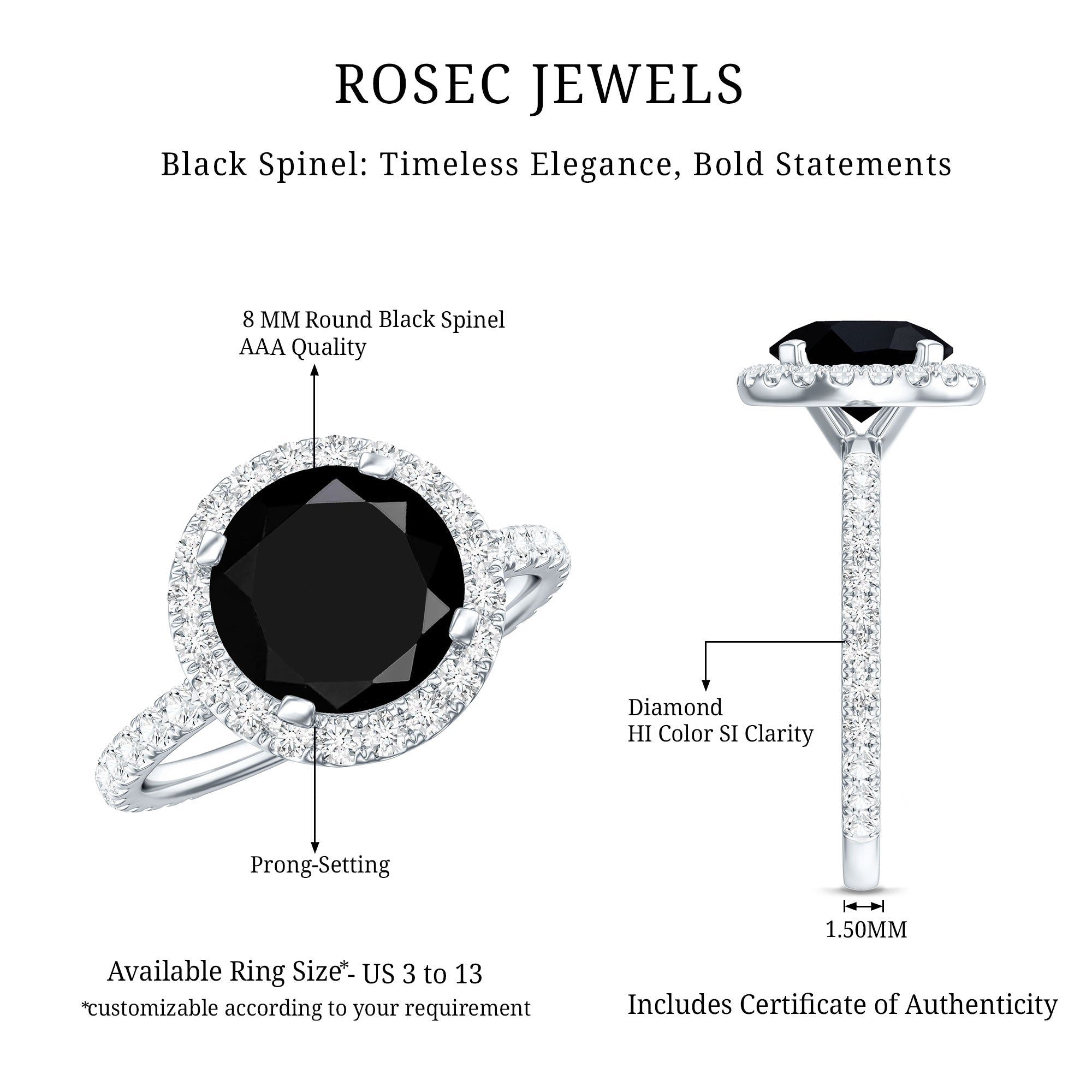 Natural Black Spinel Engagement Ring with Diamond Halo