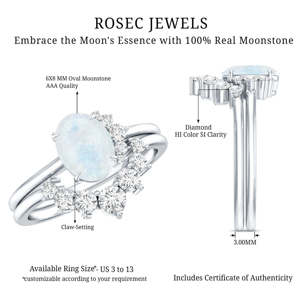 0.6 Carat Oval Moonstone and Diamond Engagement Ring Set