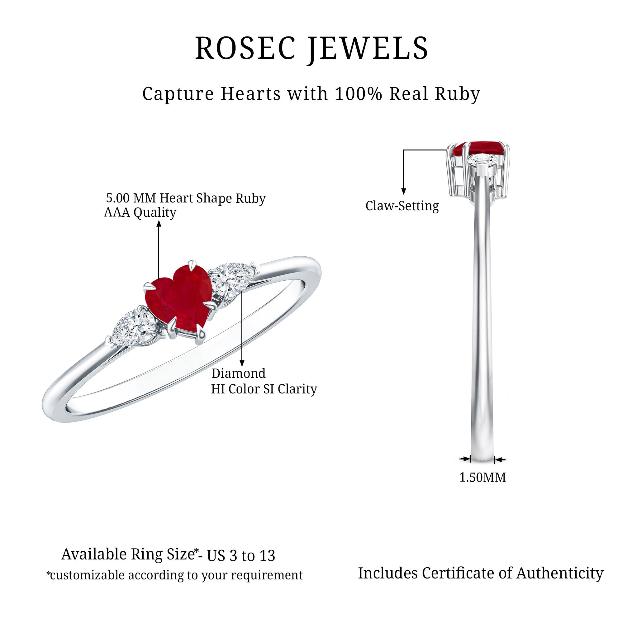 Natural 0.6 Carat Heart Shape Ruby Diamond 3 Stone Promise Ring