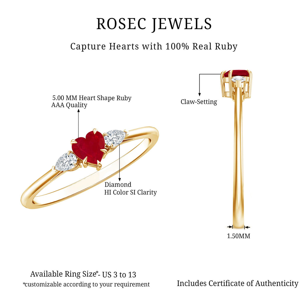 Natural 0.6 Carat Heart Shape Ruby Diamond 3 Stone Promise Ring