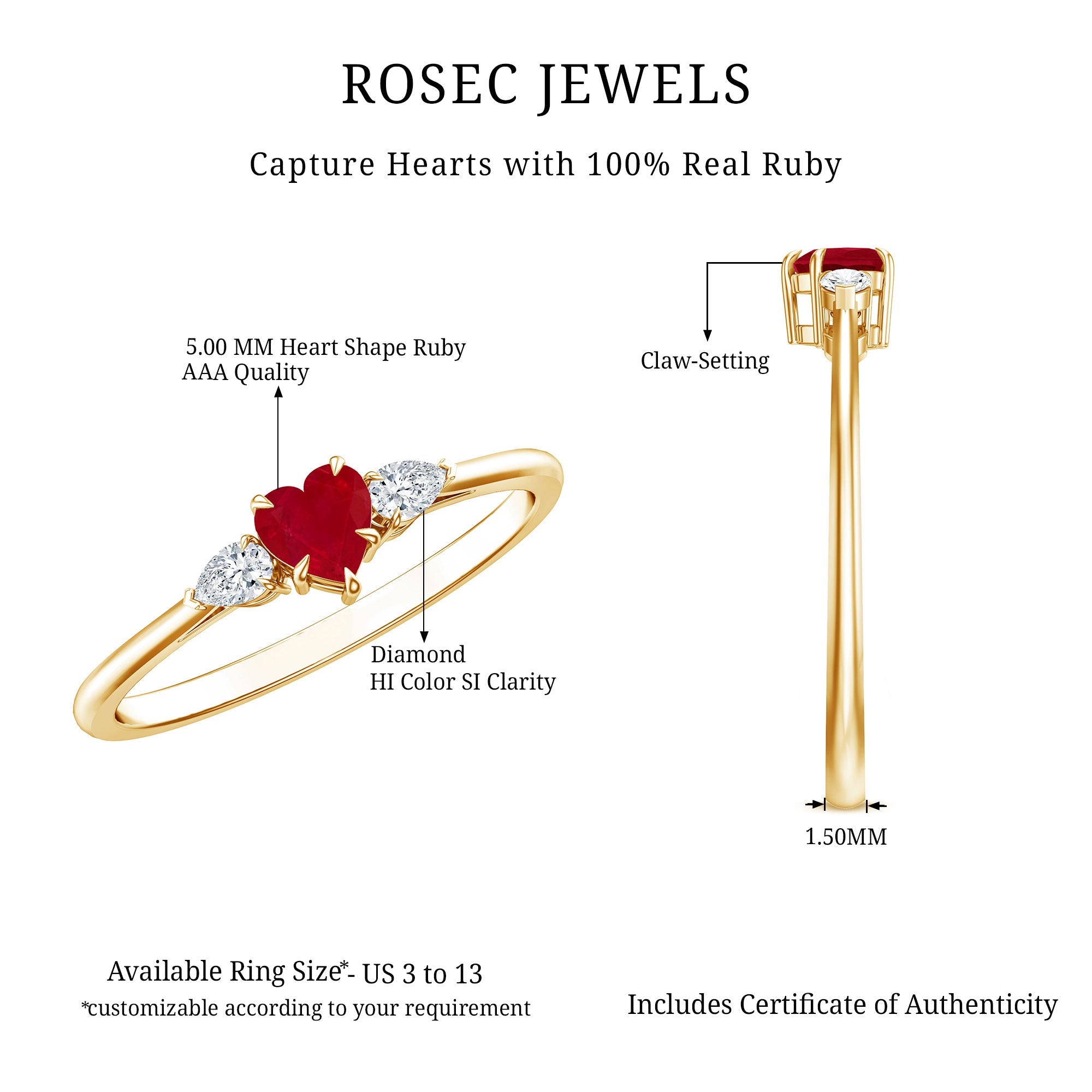 Natural 0.6 Carat Heart Shape Ruby Diamond 3 Stone Promise Ring