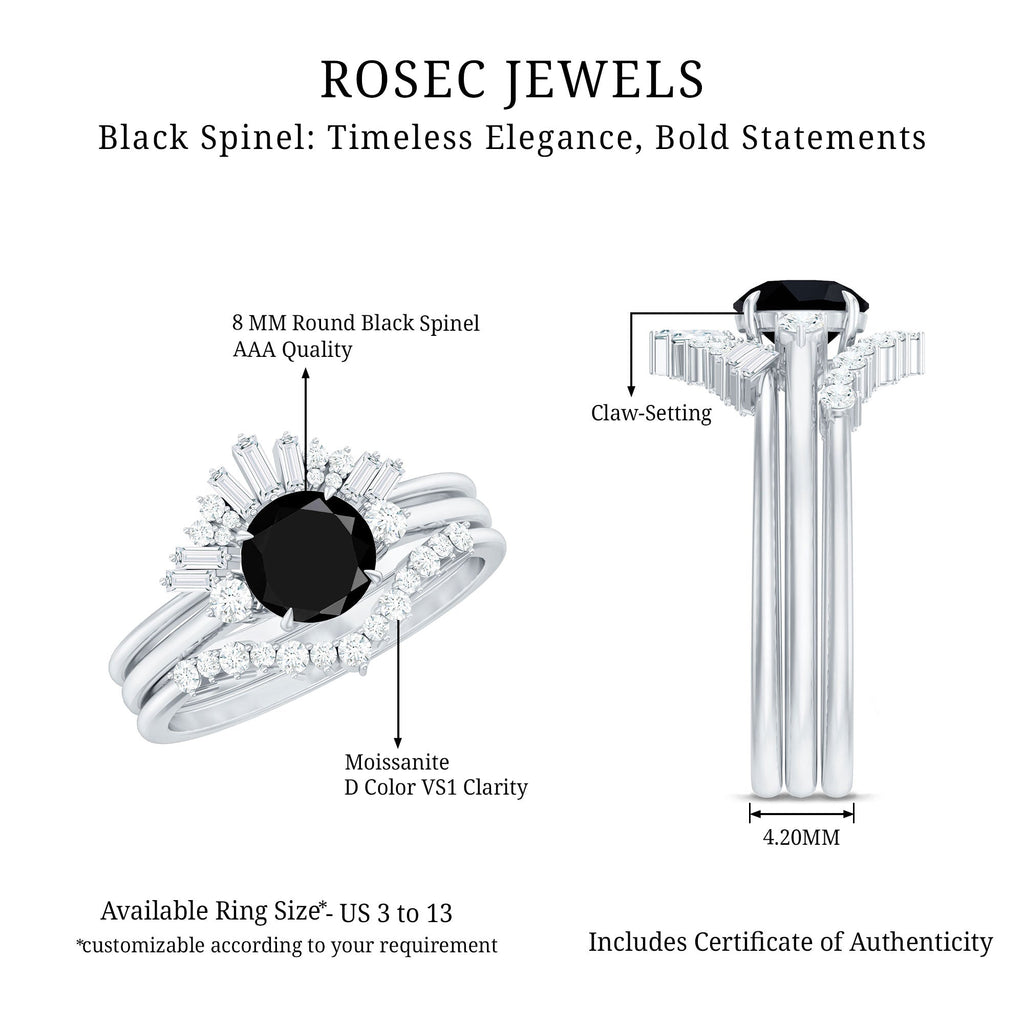 Vintage Looking 2.6 Carat Black Spinel Bridal Ring Set with Moissanite