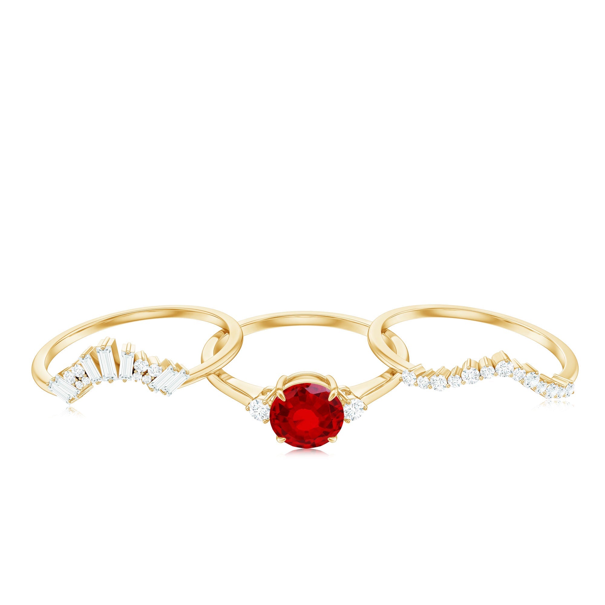 Vintage Inspired Lab Ruby and Diamond Trio Wedding Ring Set