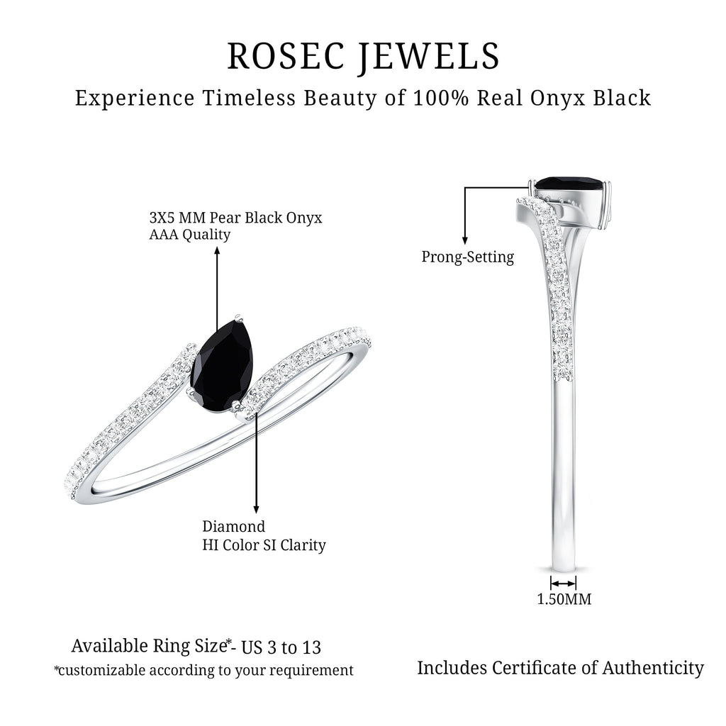 Minimalist Pear Cut Black Onyx Solitaire Promise Ring with Diamond Bypass Shank