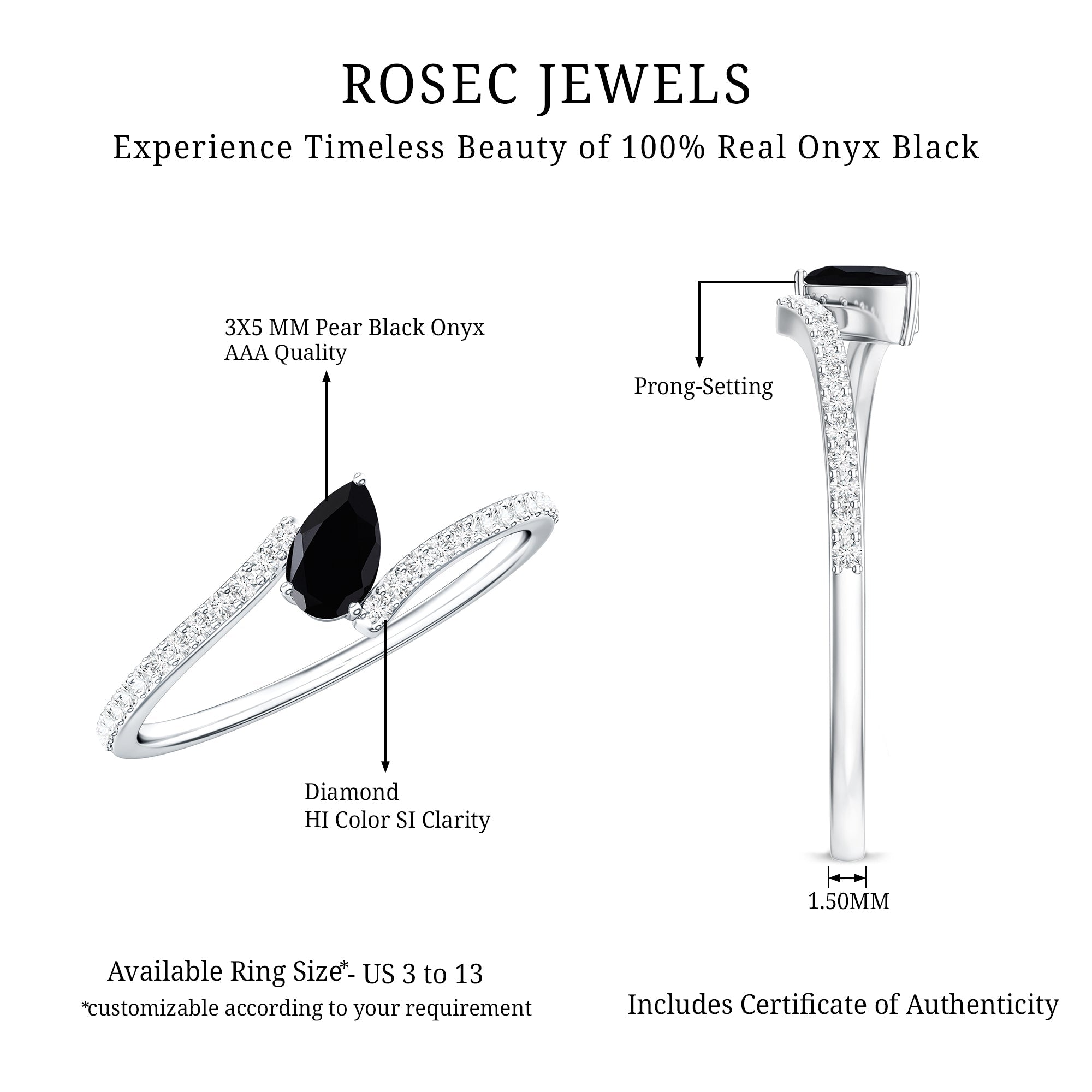 Minimalist Pear Cut Black Onyx Solitaire Promise Ring with Diamond Bypass Shank