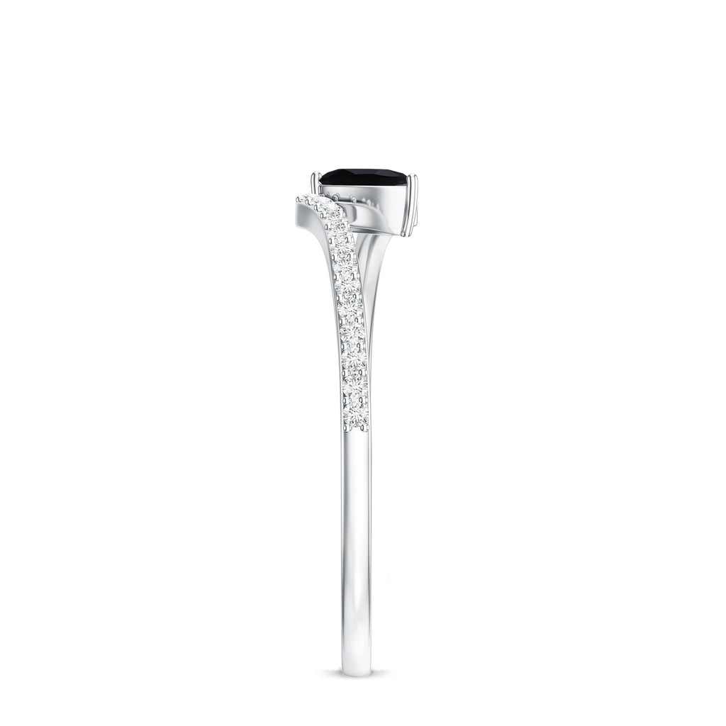 Minimalist Pear Cut Black Onyx Solitaire Promise Ring with Diamond Bypass Shank