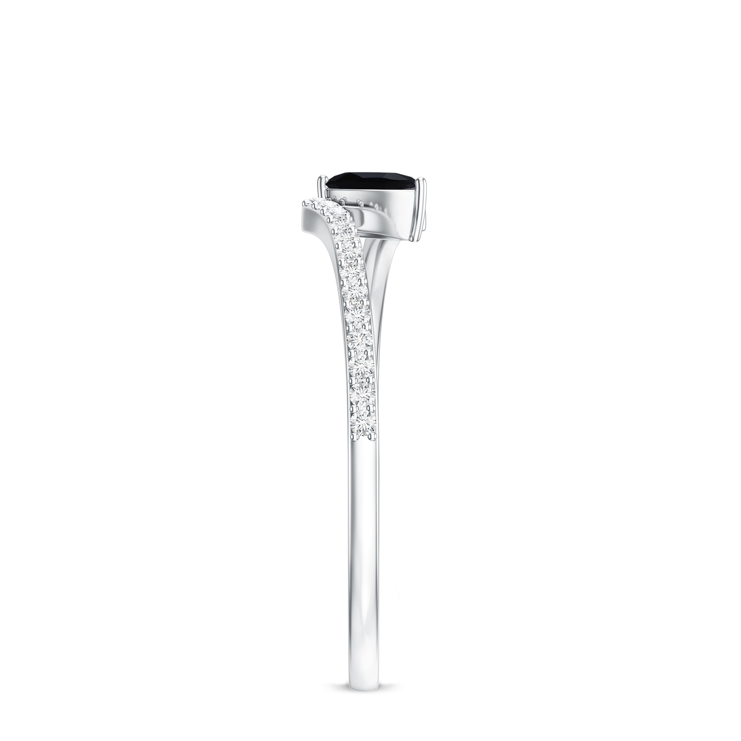 Minimalist Pear Cut Black Onyx Solitaire Promise Ring with Diamond Bypass Shank