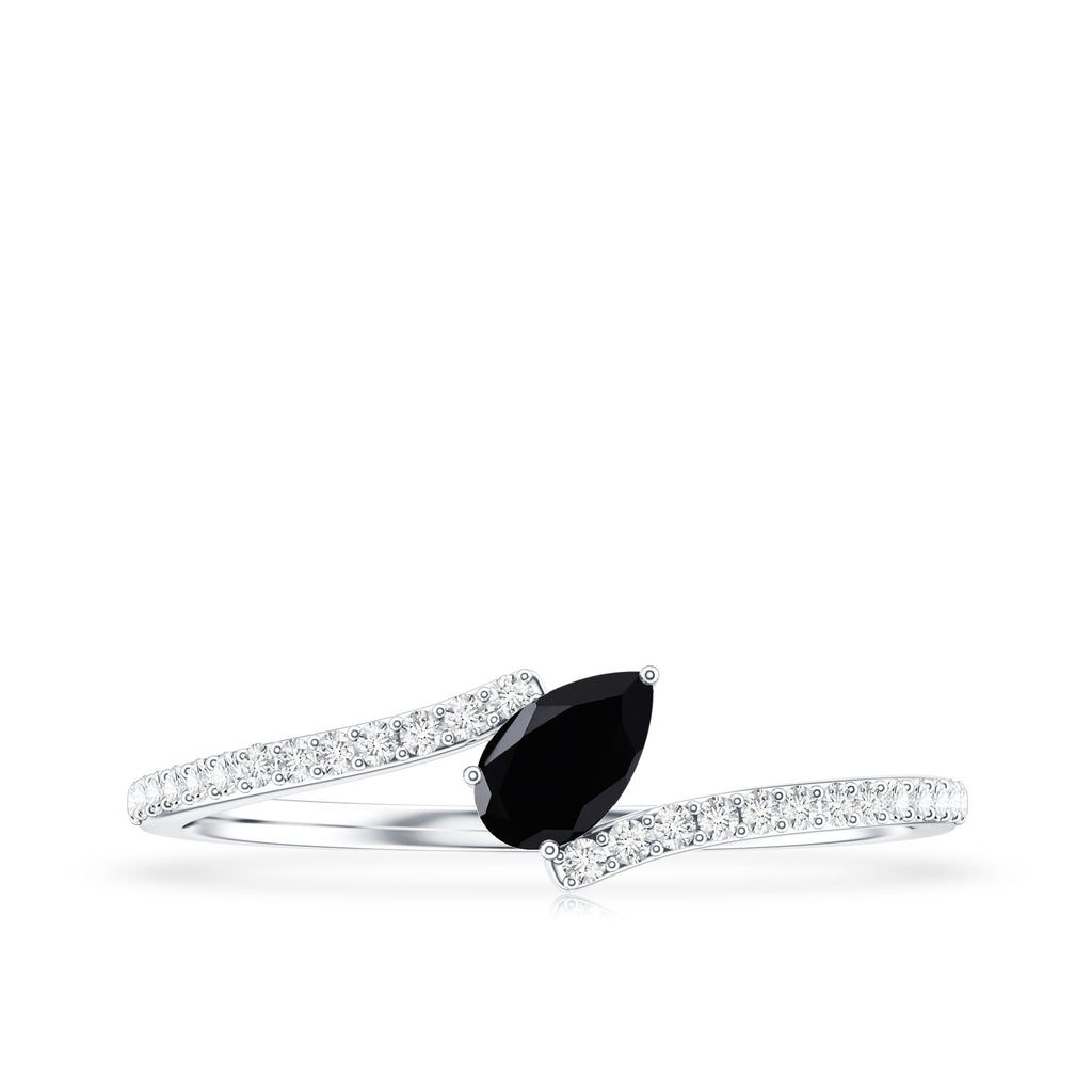 Minimalist Pear Cut Black Onyx Solitaire Promise Ring with Diamond Bypass Shank