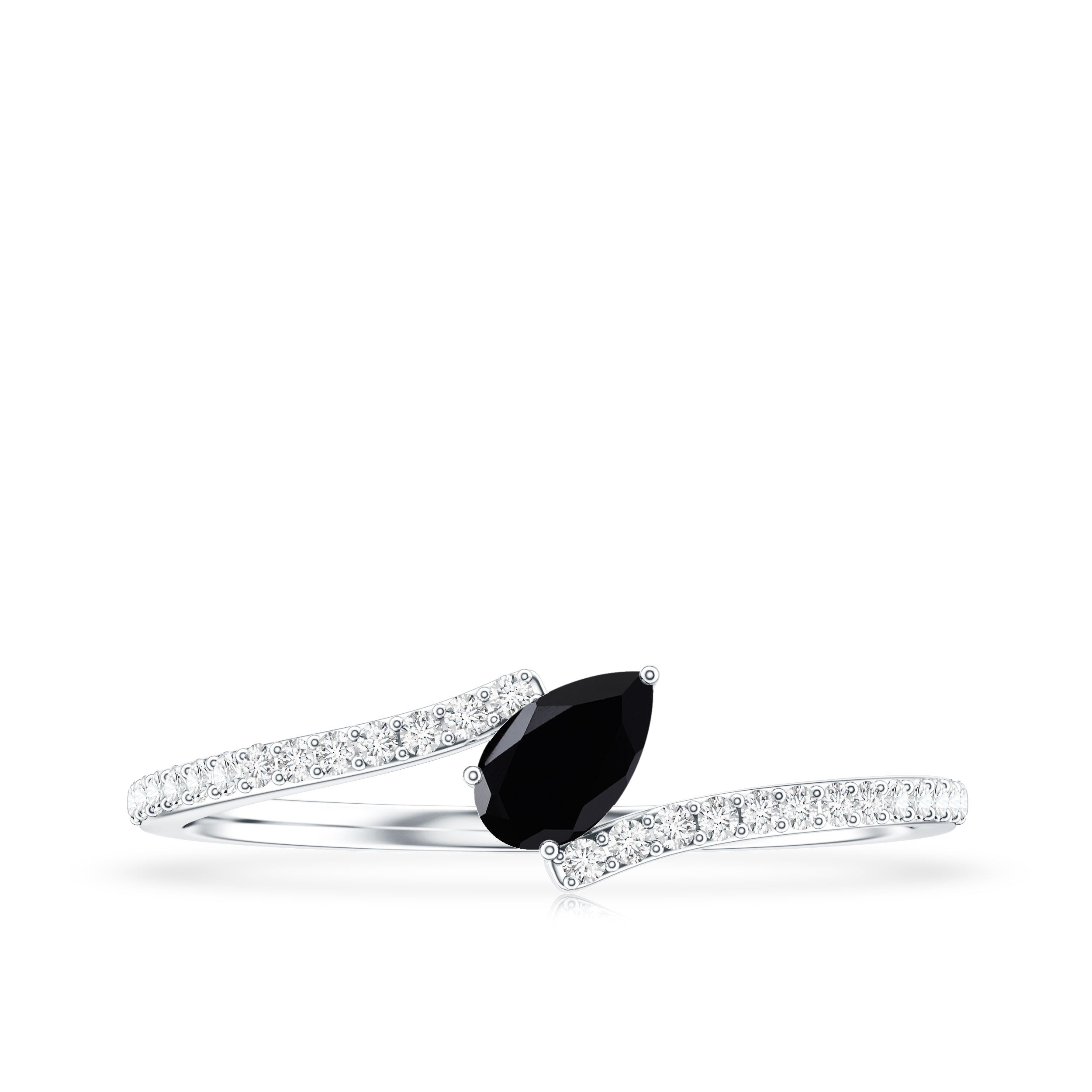 Minimalist Pear Cut Black Onyx Solitaire Promise Ring with Diamond Bypass Shank