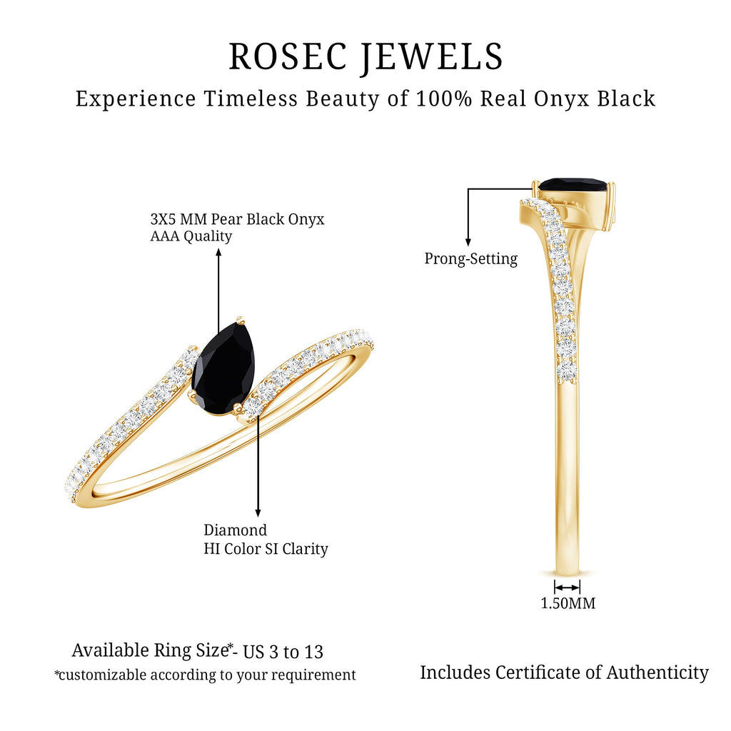Minimalist Pear Cut Black Onyx Solitaire Promise Ring with Diamond Bypass Shank