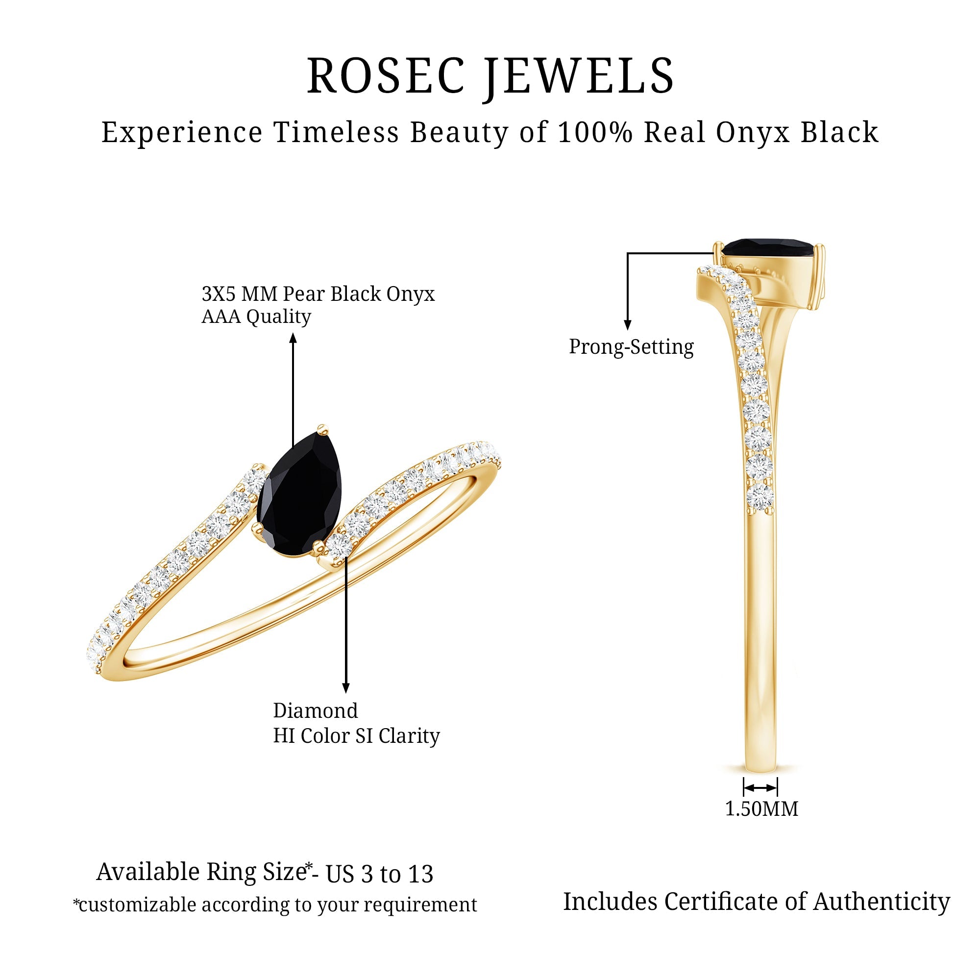 Minimalist Pear Cut Black Onyx Solitaire Promise Ring with Diamond Bypass Shank
