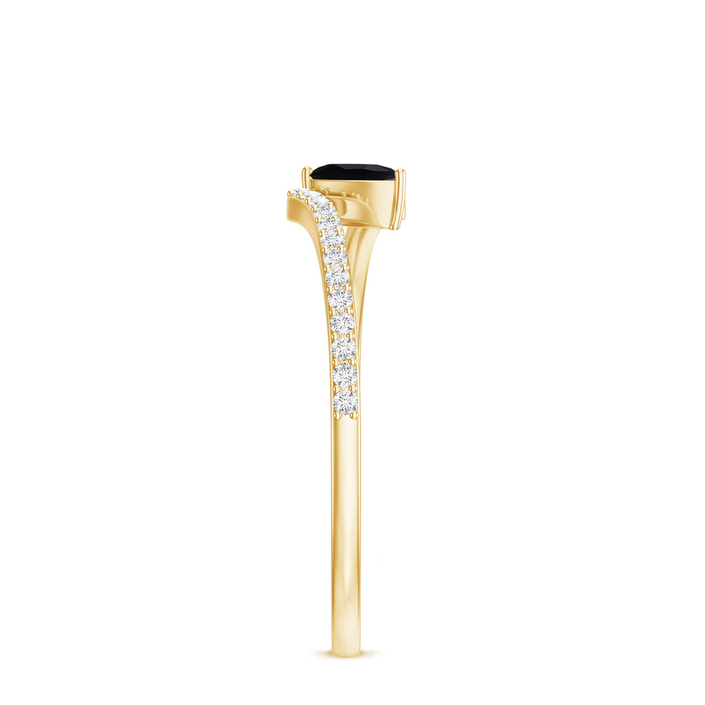 Minimalist Pear Cut Black Onyx Solitaire Promise Ring with Diamond Bypass Shank