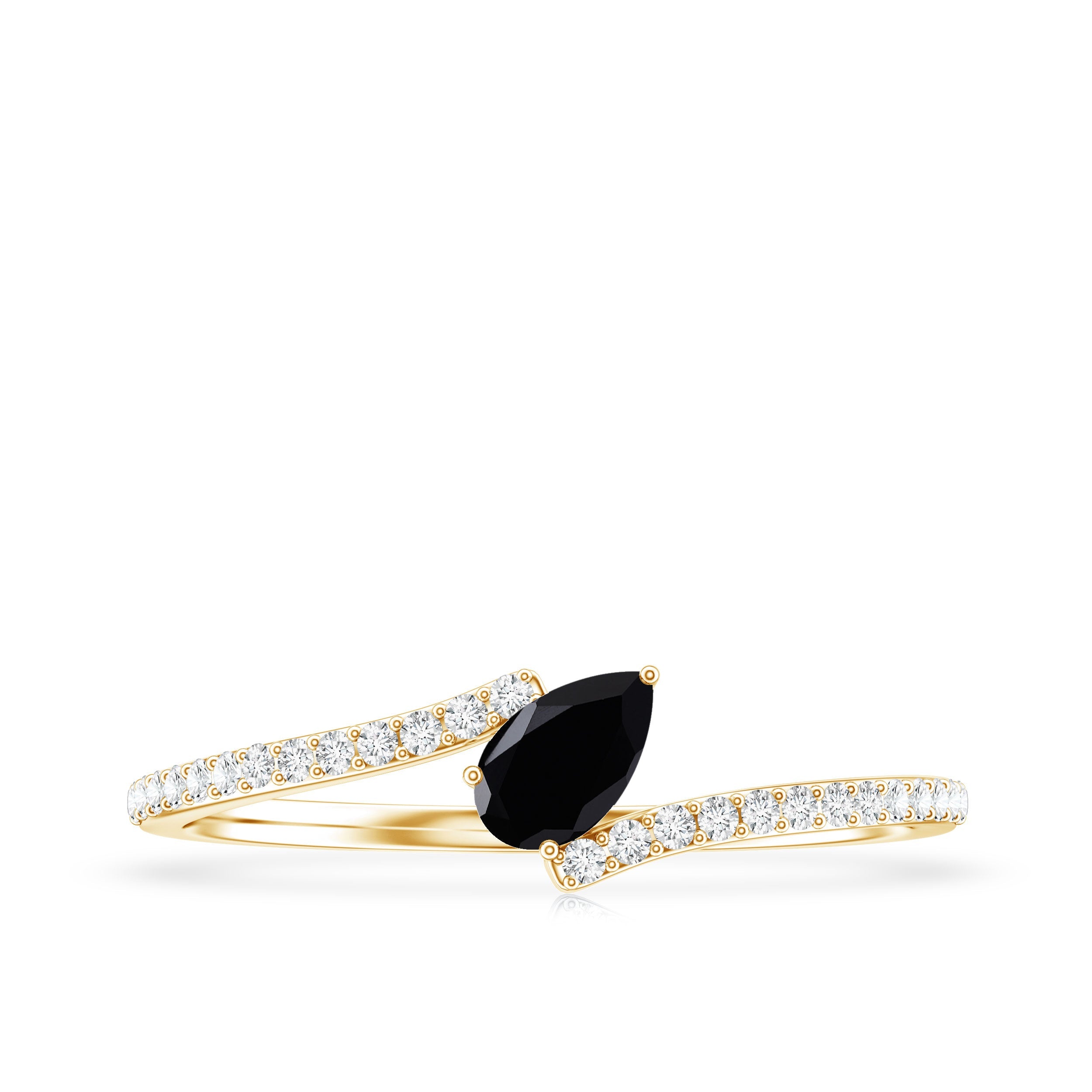 Minimalist Pear Cut Black Onyx Solitaire Promise Ring with Diamond Bypass Shank