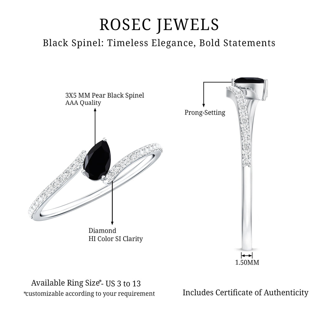 Real Black Spinel Promise Ring with Diamond Bypass Shank