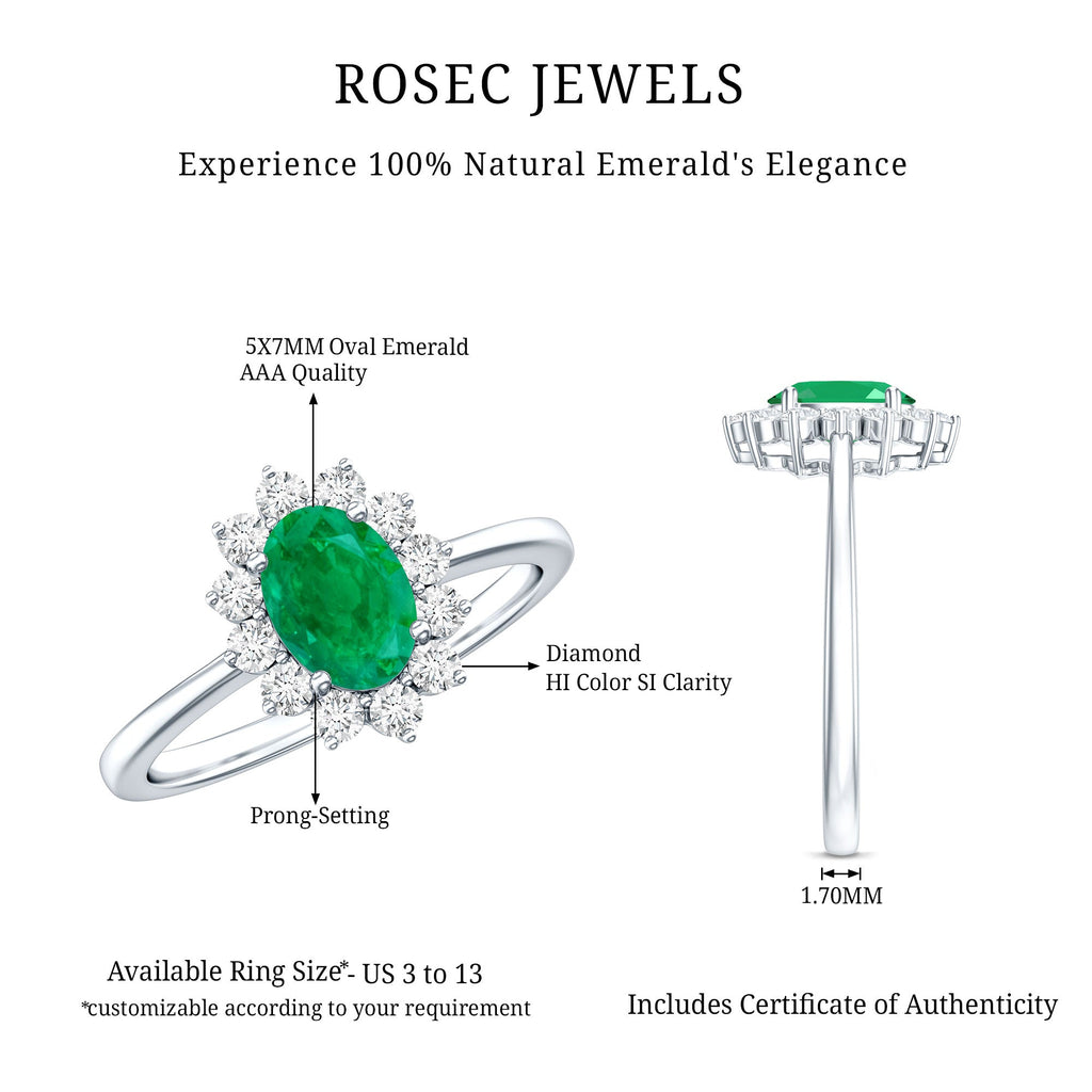 Natural 0.7 Carat Emerald Oval Engagement Ring with Diamond Halo