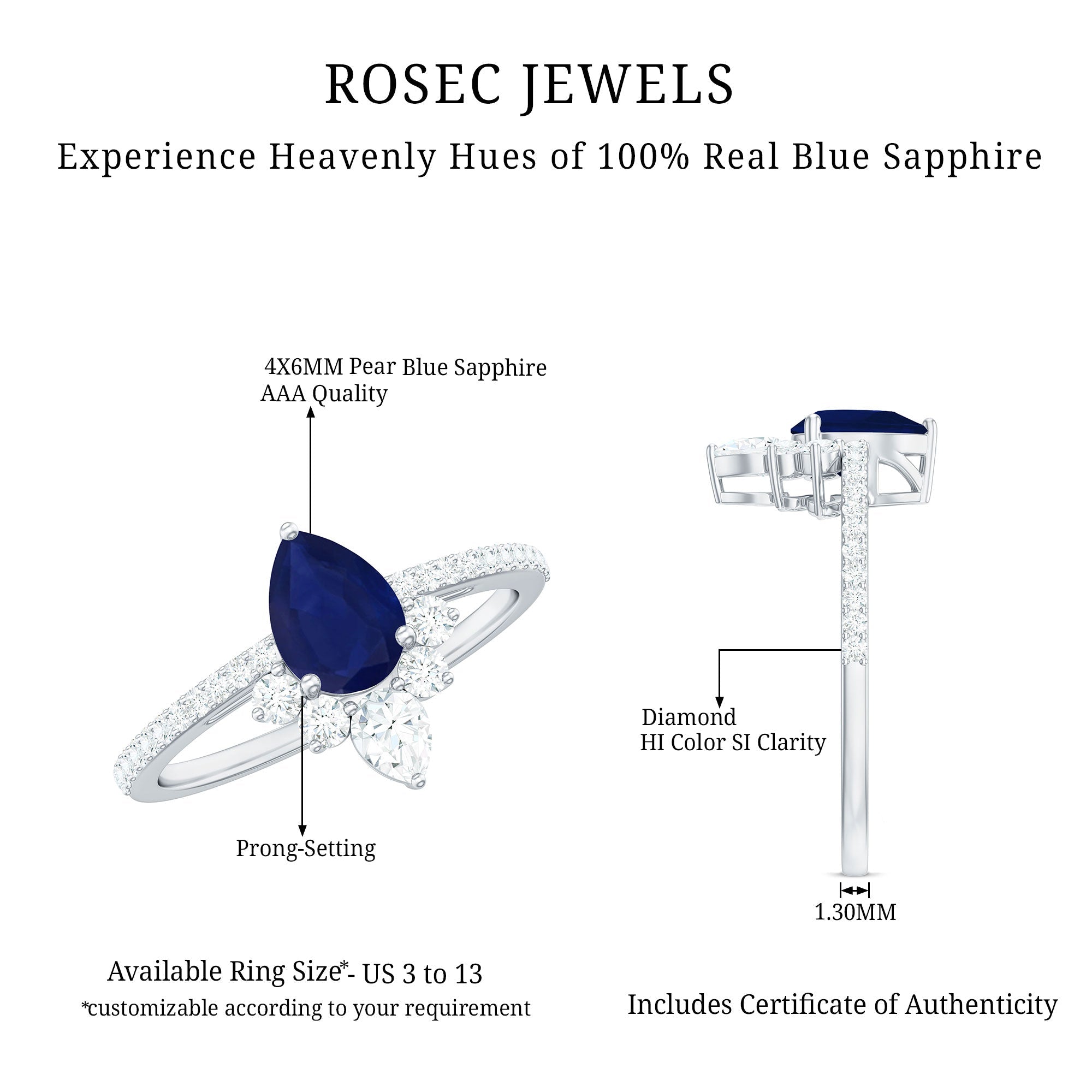 Certified 0.5 Carat Pear Shaped Blue Sapphire Crown Engagement Ring with Diamond