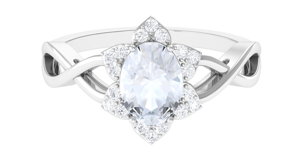 0.6 Carat Oval Cut Solitaire Moonstone and Diamond Floral Halo Ring