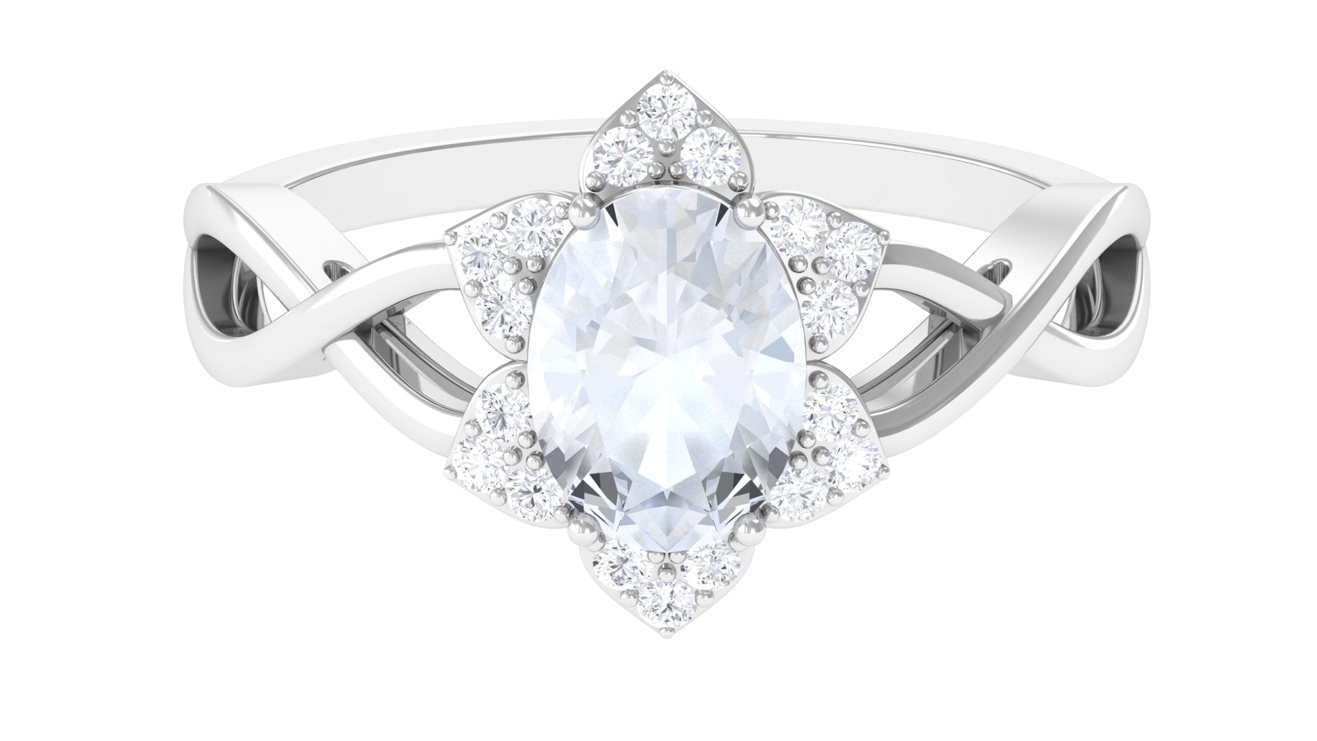 0.6 Carat Oval Cut Solitaire Moonstone and Diamond Floral Halo Ring