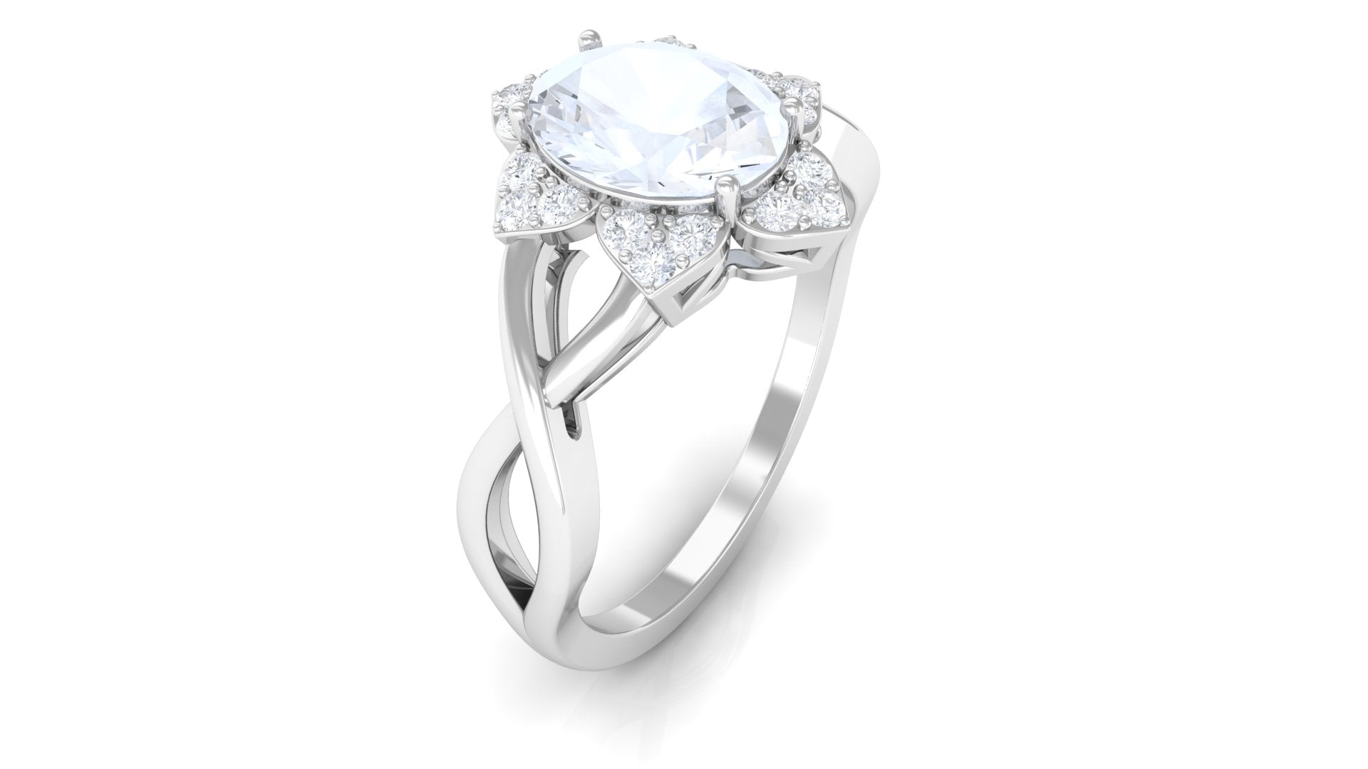 0.6 Carat Oval Cut Solitaire Moonstone and Diamond Floral Halo Ring