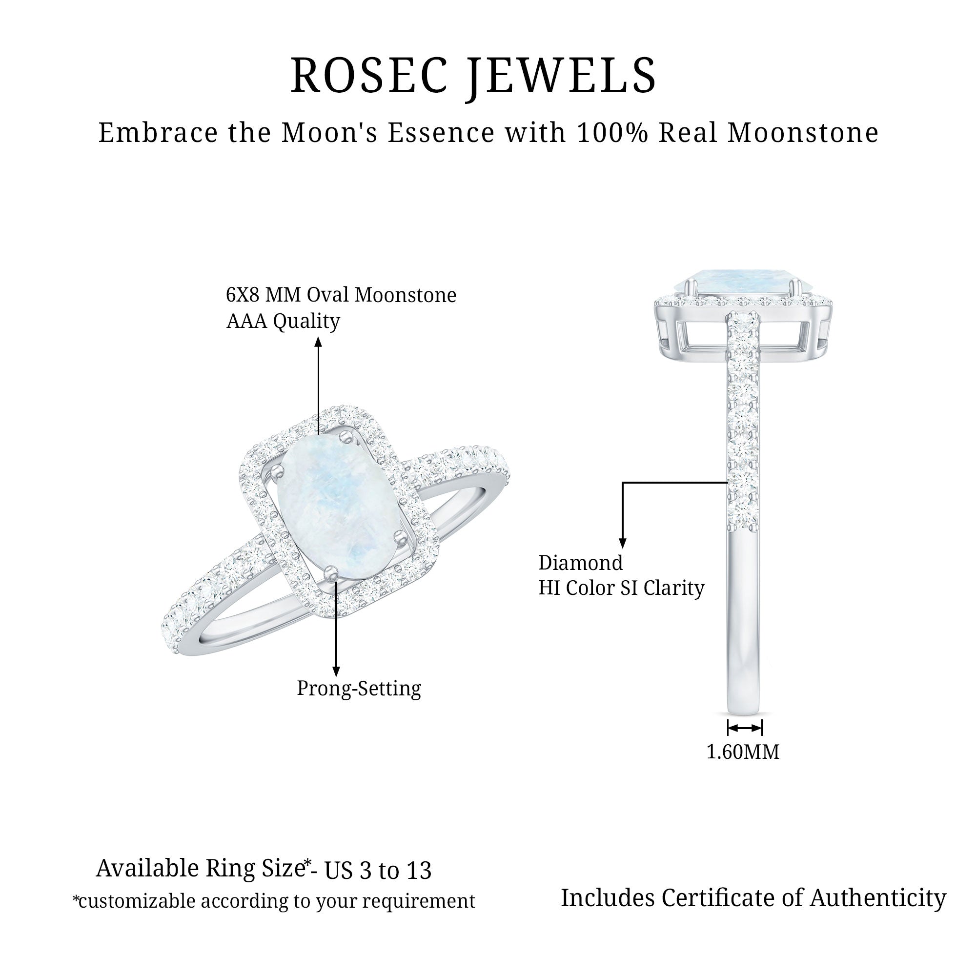 0.6 Carat Oval Cut Moonstone Ring with Diamond Halo