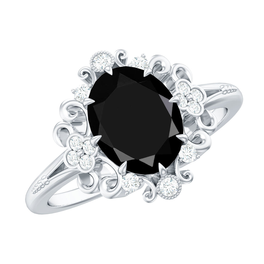 1.7 Carat Oval Cut Vintage Inspired Black Onyx Statement Ring with Diamond