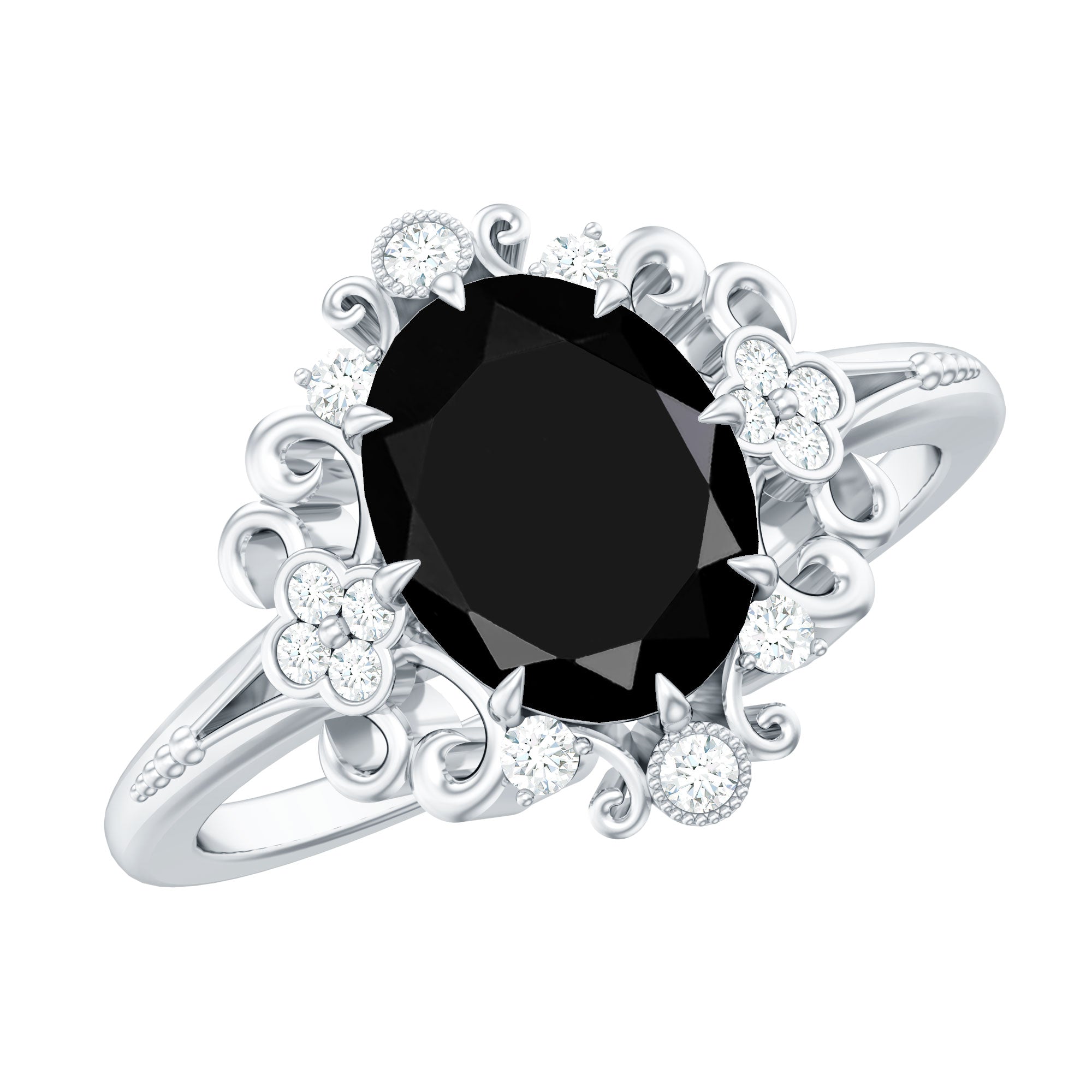 1.7 Carat Oval Cut Vintage Inspired Black Onyx Statement Ring with Diamond