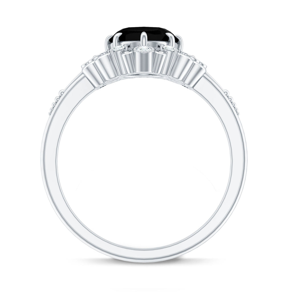 1.7 Carat Oval Cut Vintage Inspired Black Onyx Statement Ring with Diamond