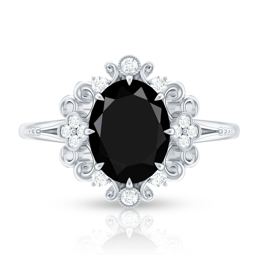 1.7 Carat Oval Cut Vintage Inspired Black Onyx Statement Ring with Diamond