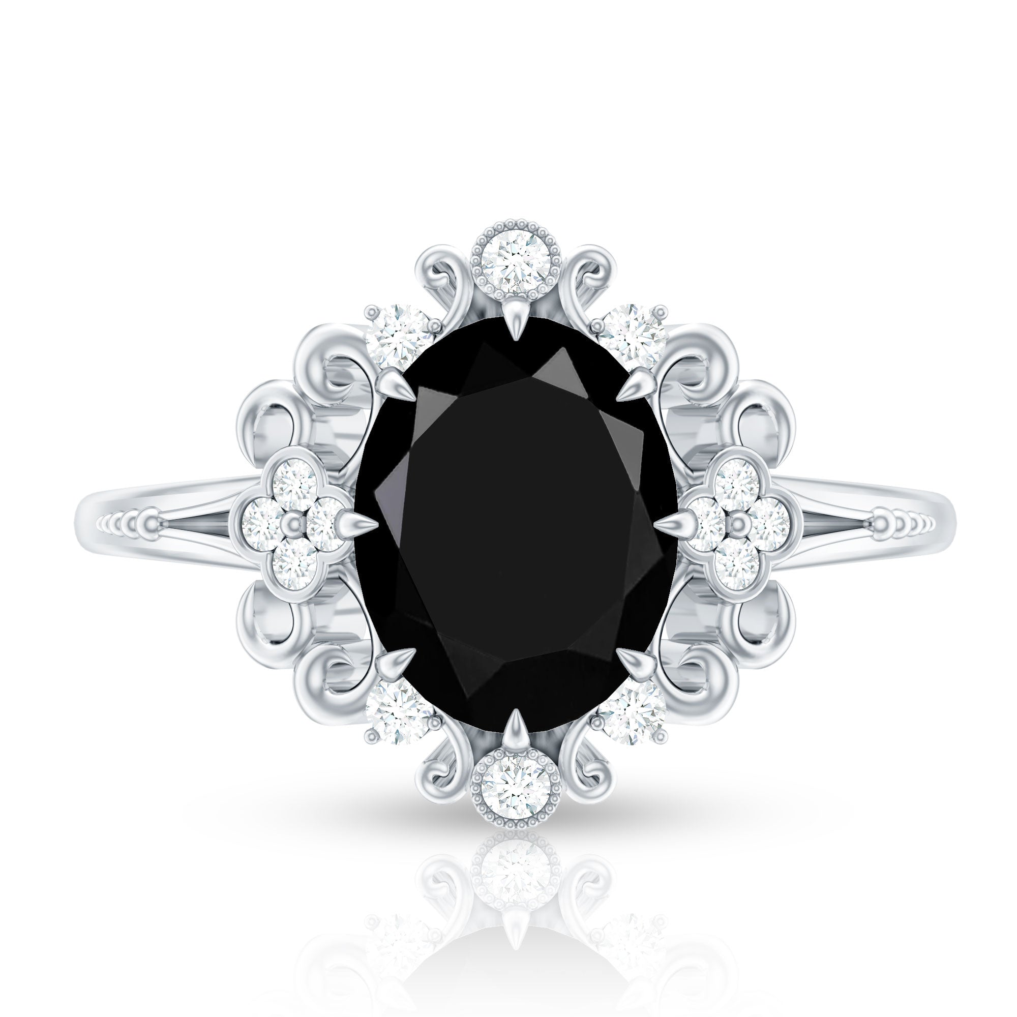 1.7 Carat Oval Cut Vintage Inspired Black Onyx Statement Ring with Diamond