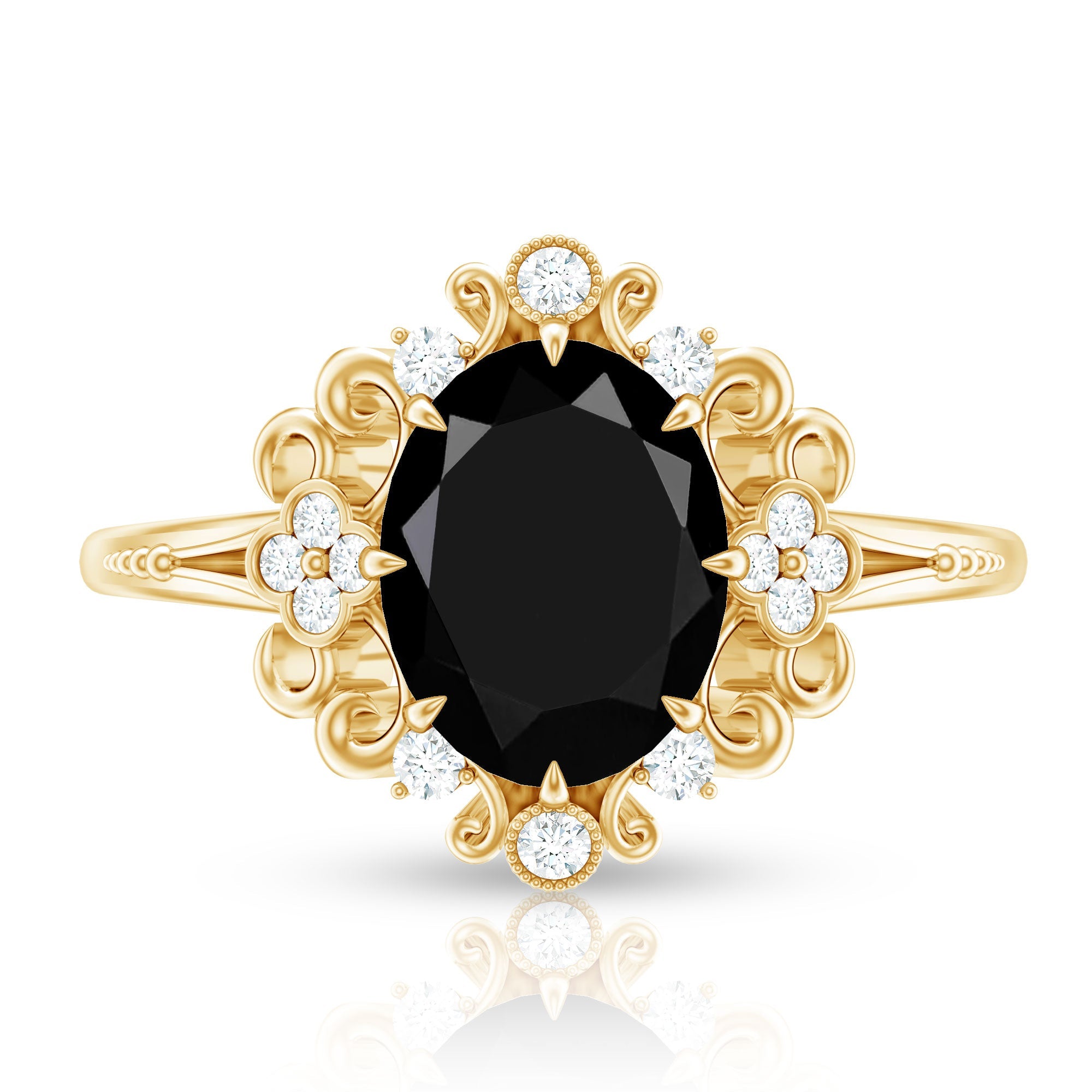 1.7 Carat Oval Cut Vintage Inspired Black Onyx Statement Ring with Diamond