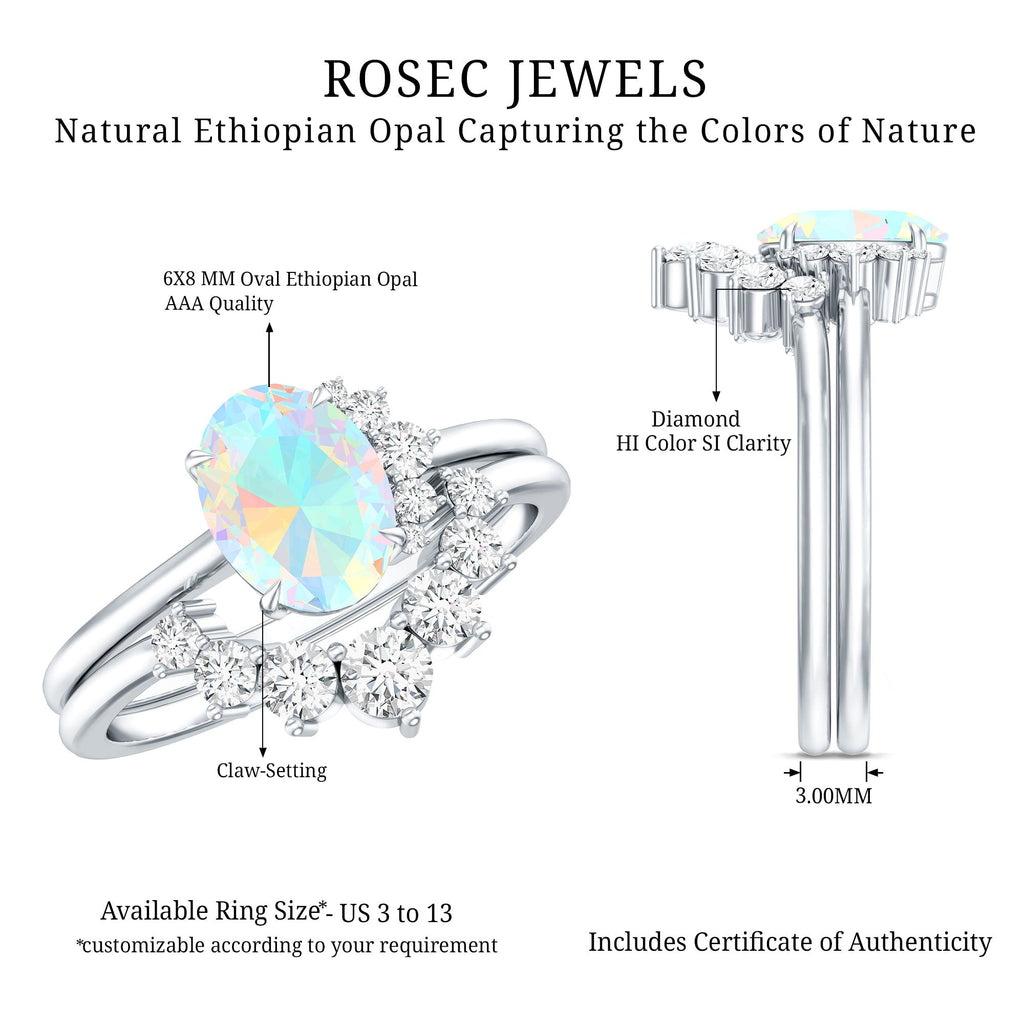 Real Ethiopian Opal Diamond Oval Engagement Ring and Wedding Band Set