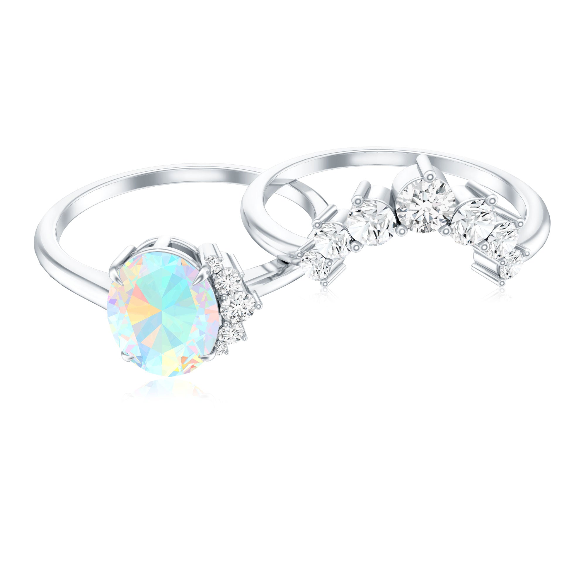 Real Ethiopian Opal Diamond Oval Engagement Ring and Wedding Band Set
