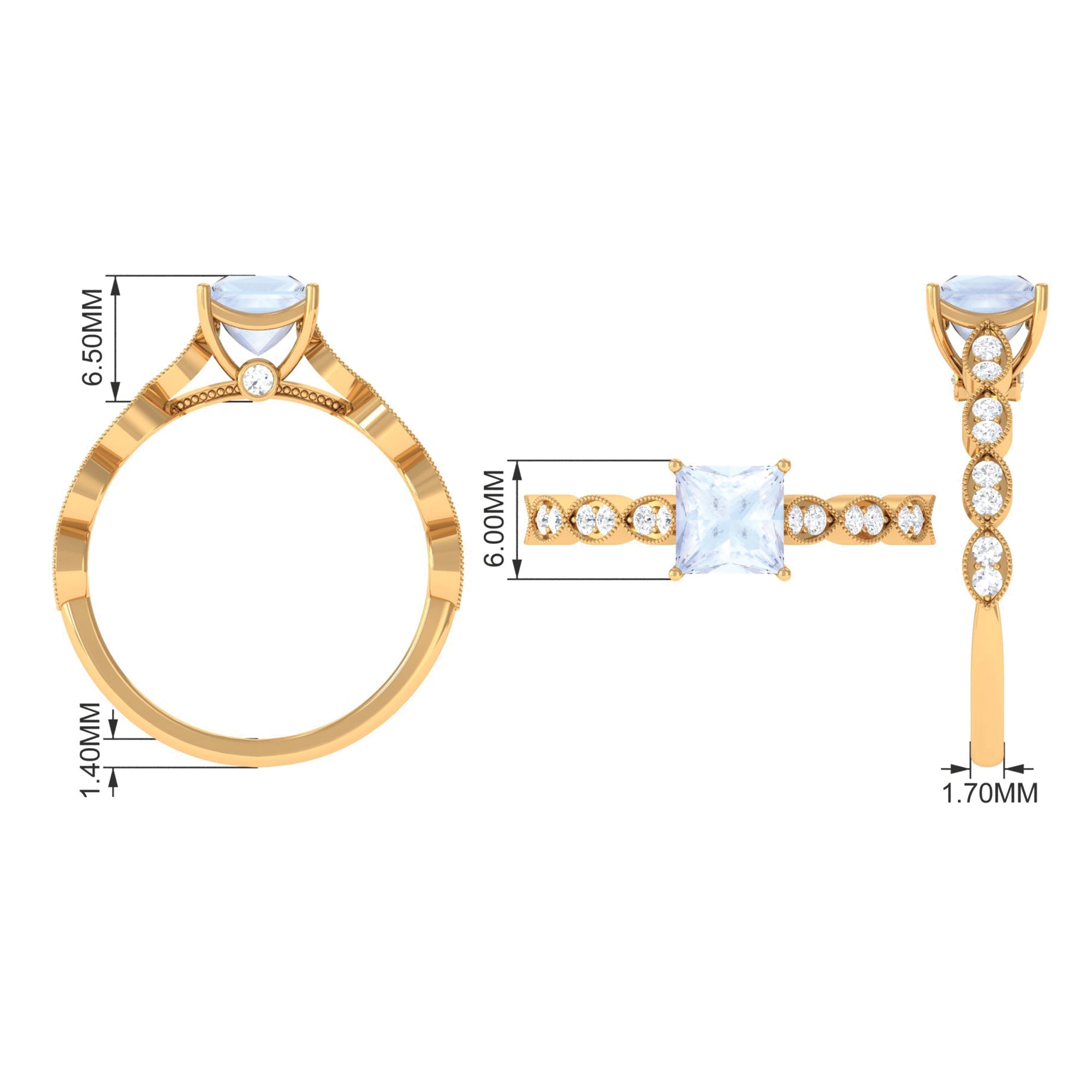 0.5 Carat Princess Cut Moonstone Solitaire Ring with Diamond Side Stones