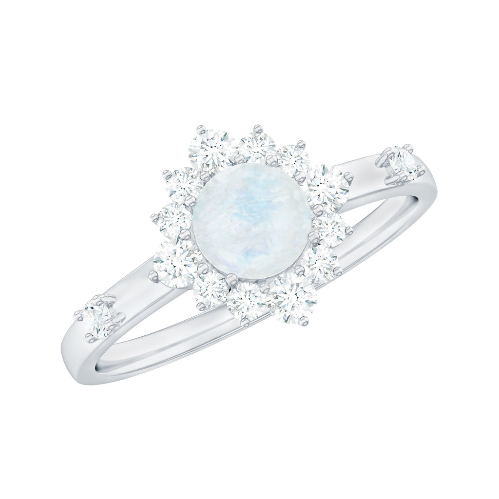 0.3 Carat Round Moonstone and Diamond Halo Engagement Ring