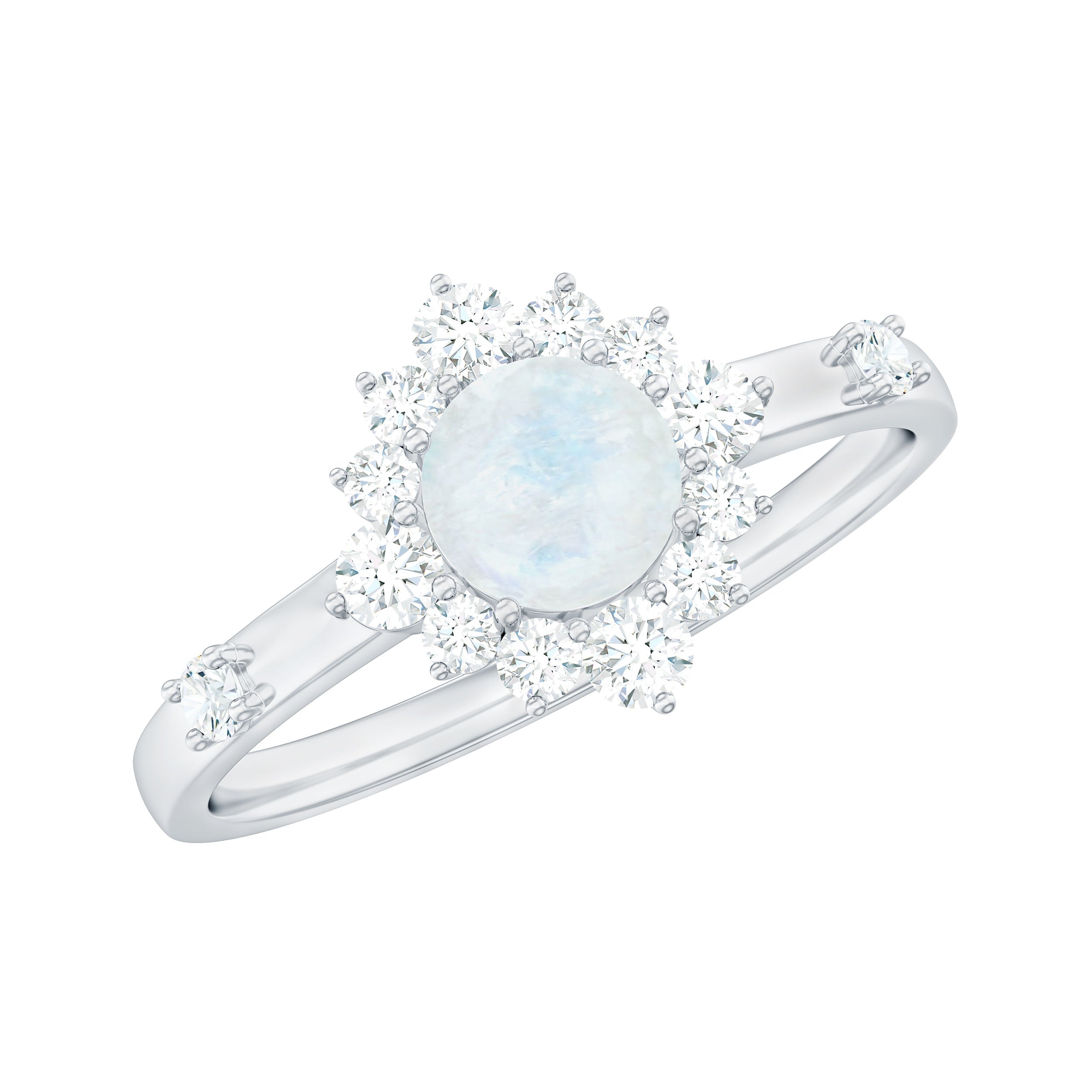 0.3 Carat Round Moonstone and Diamond Halo Engagement Ring