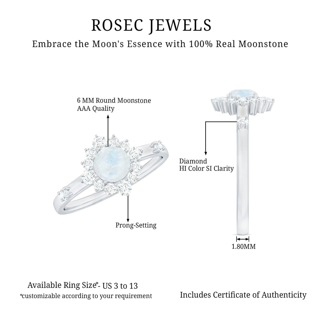 0.3 Carat Round Moonstone and Diamond Halo Engagement Ring