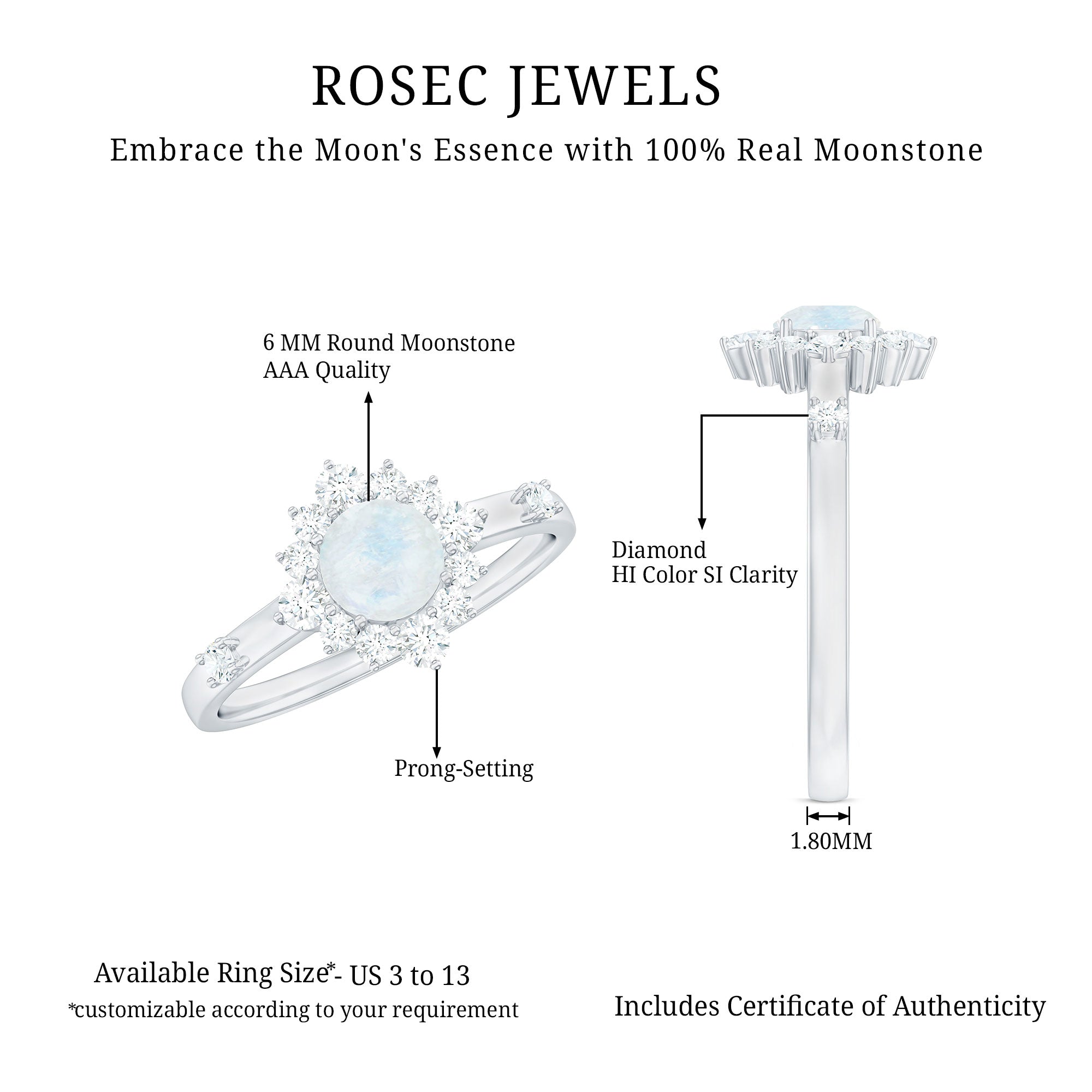 0.3 Carat Round Moonstone and Diamond Halo Engagement Ring