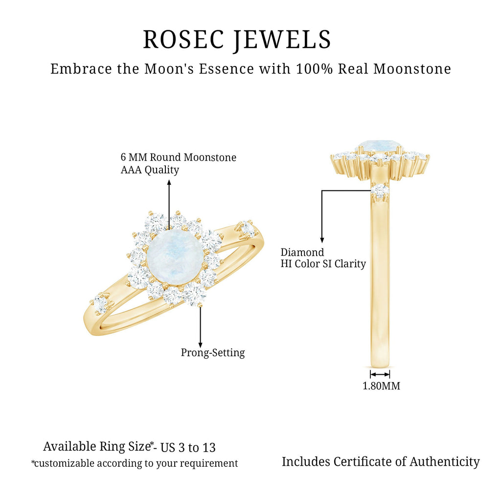0.3 Carat Round Moonstone and Diamond Halo Engagement Ring
