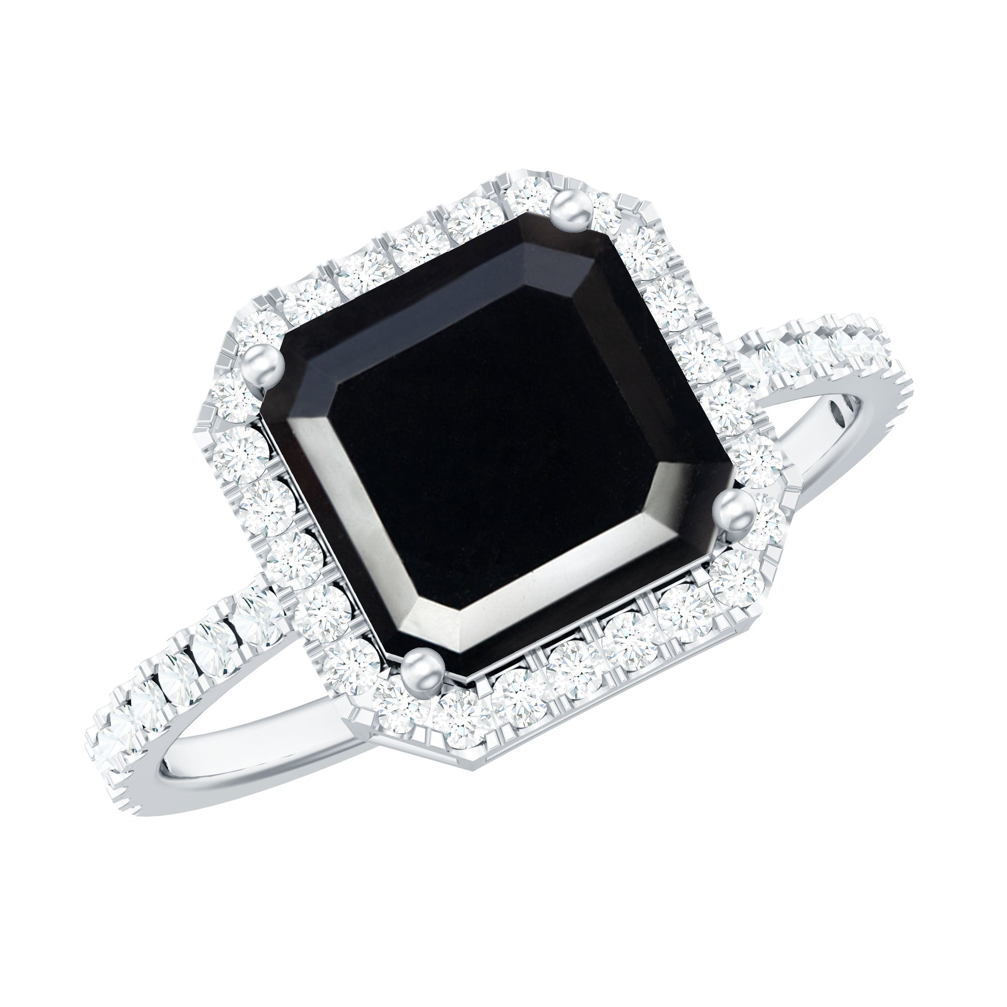 3 Carat Asscher Cut Black Onyx Halo Engagement Ring with Diamond