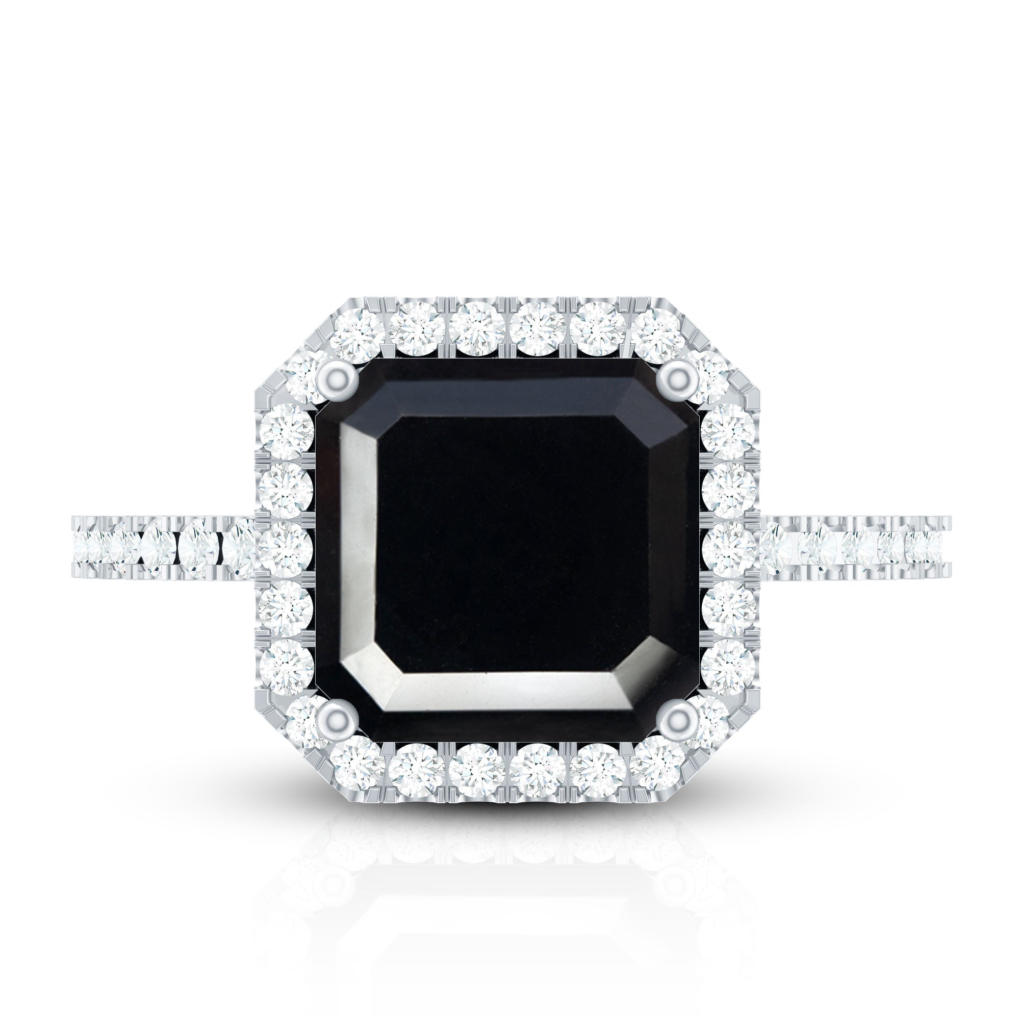 3 Carat Asscher Cut Black Onyx Halo Engagement Ring with Diamond