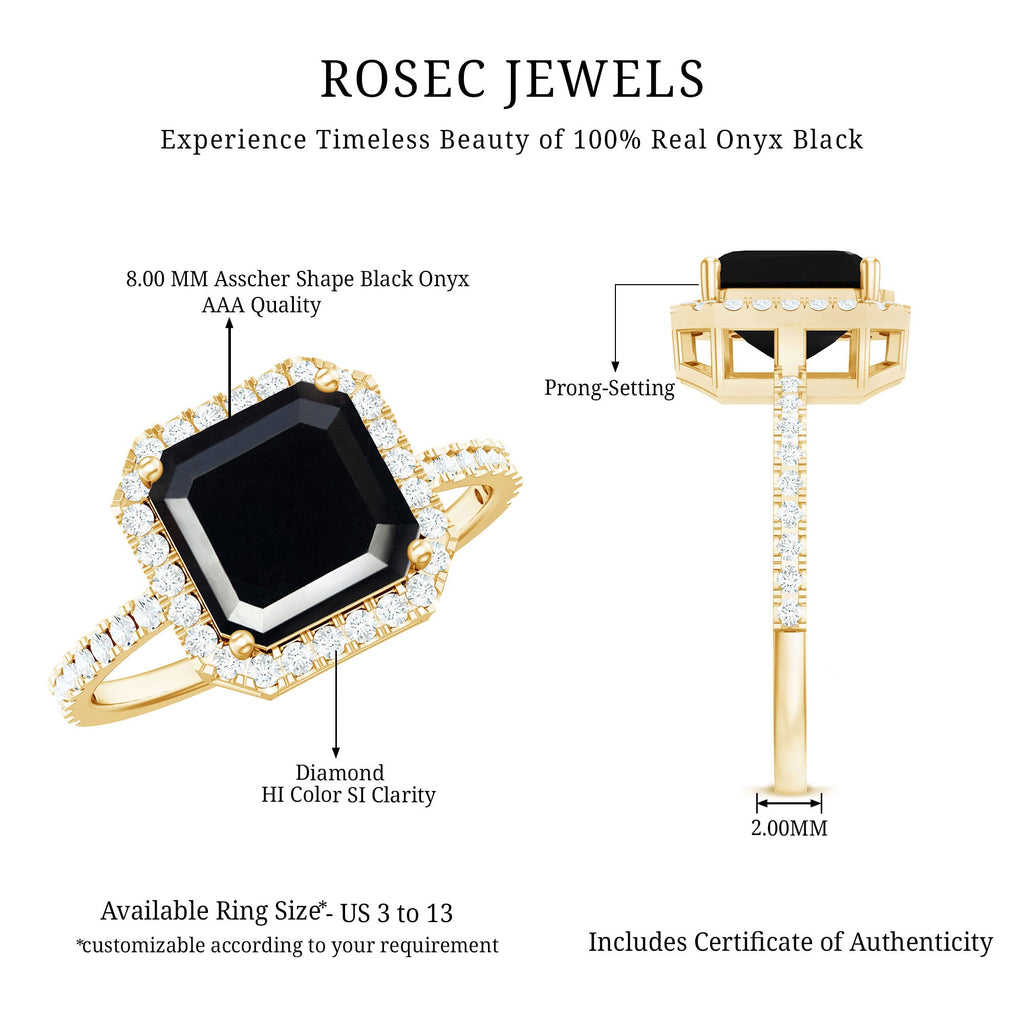3 Carat Asscher Cut Black Onyx Halo Engagement Ring with Diamond