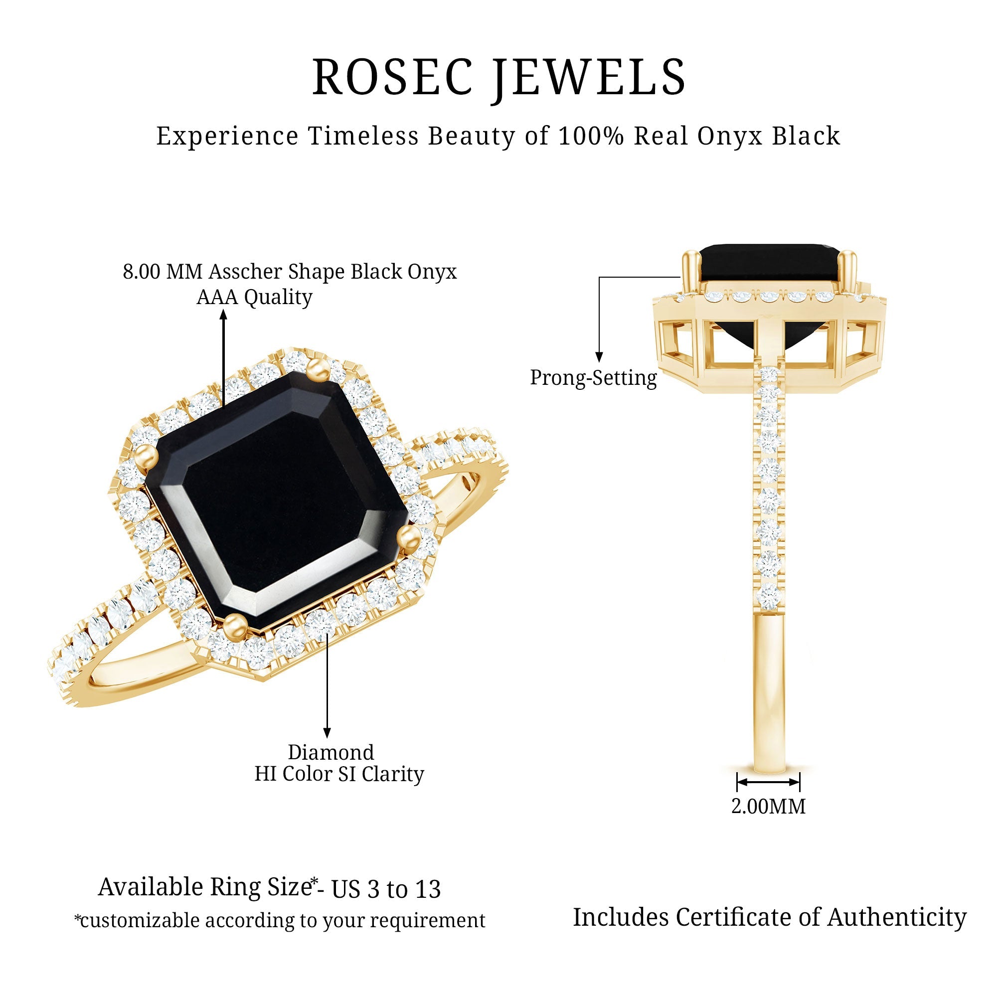 3 Carat Asscher Cut Black Onyx Halo Engagement Ring with Diamond