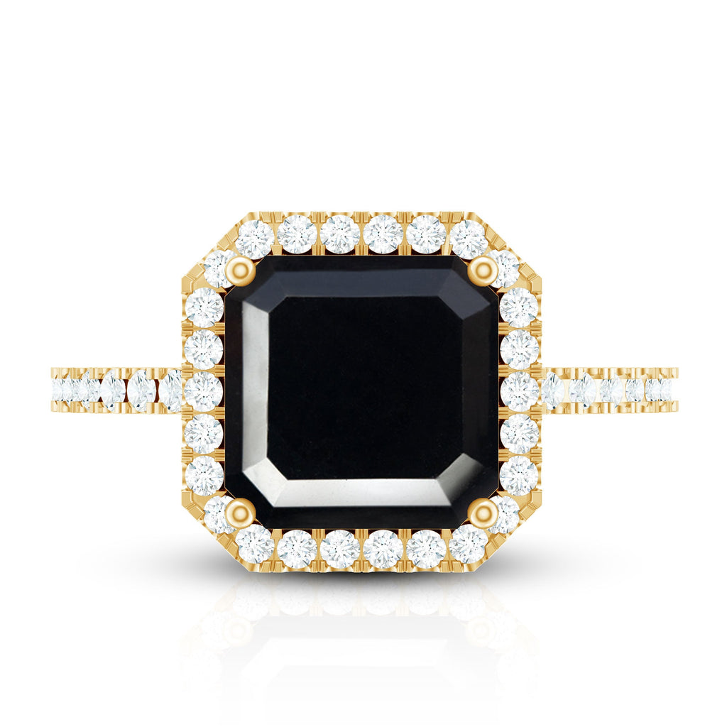 3 Carat Asscher Cut Black Onyx Halo Engagement Ring with Diamond