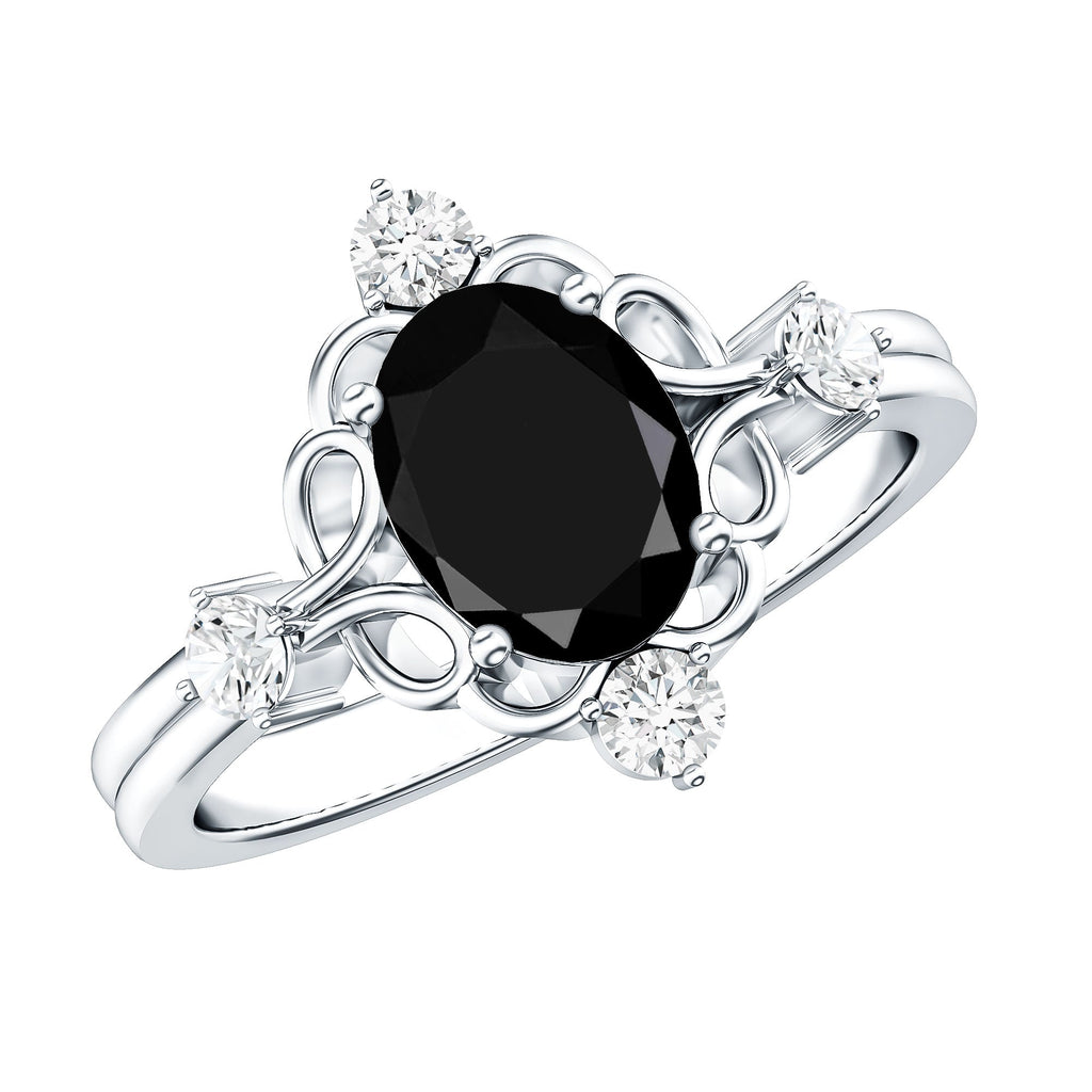 Vintage Style 1.9 Carat Lab Grown Black Diamond Oval Engagement Ring with White Diamond