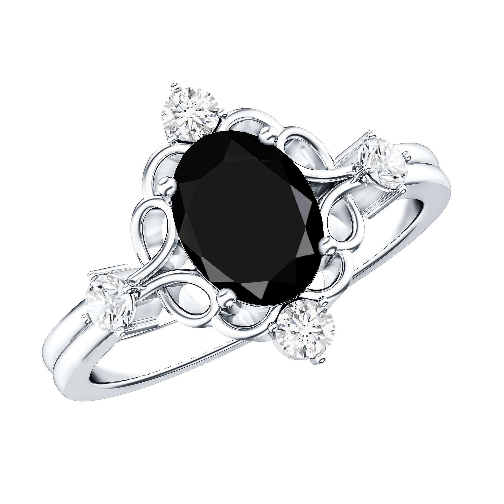 Vintage Style 1.9 Carat Lab Grown Black Diamond Oval Engagement Ring with White Diamond