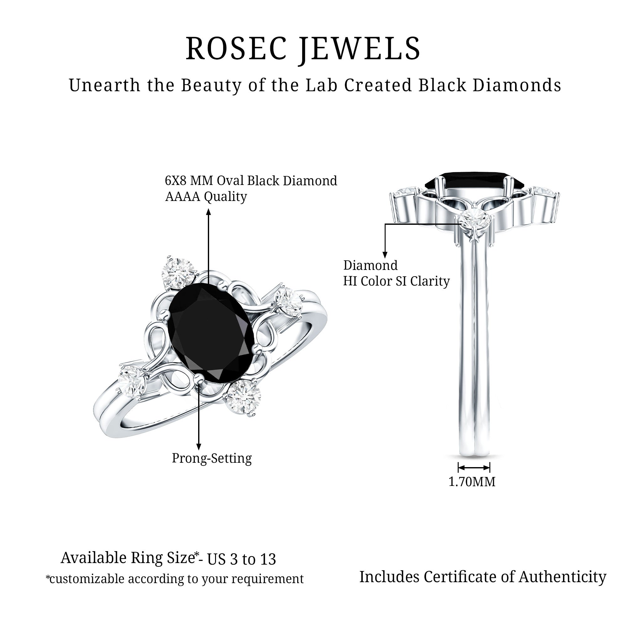 Vintage Style 1.9 Carat Lab Grown Black Diamond Oval Engagement Ring with White Diamond