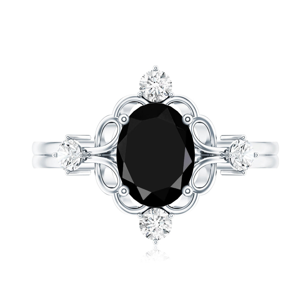 Vintage Style 1.9 Carat Lab Grown Black Diamond Oval Engagement Ring with White Diamond