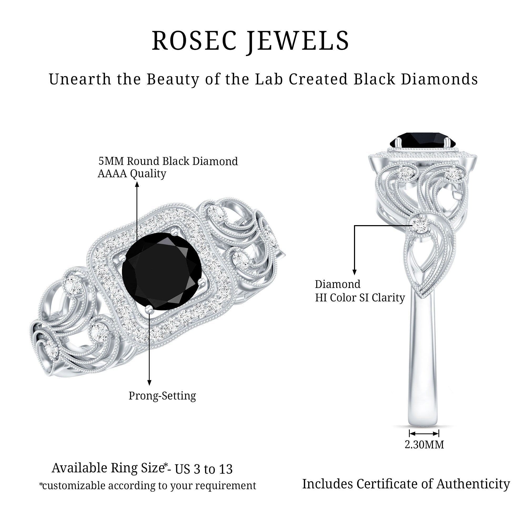 Vintage Style 0.84 Carat Lab Grown Black Diamond Engagement Ring with White Diamond