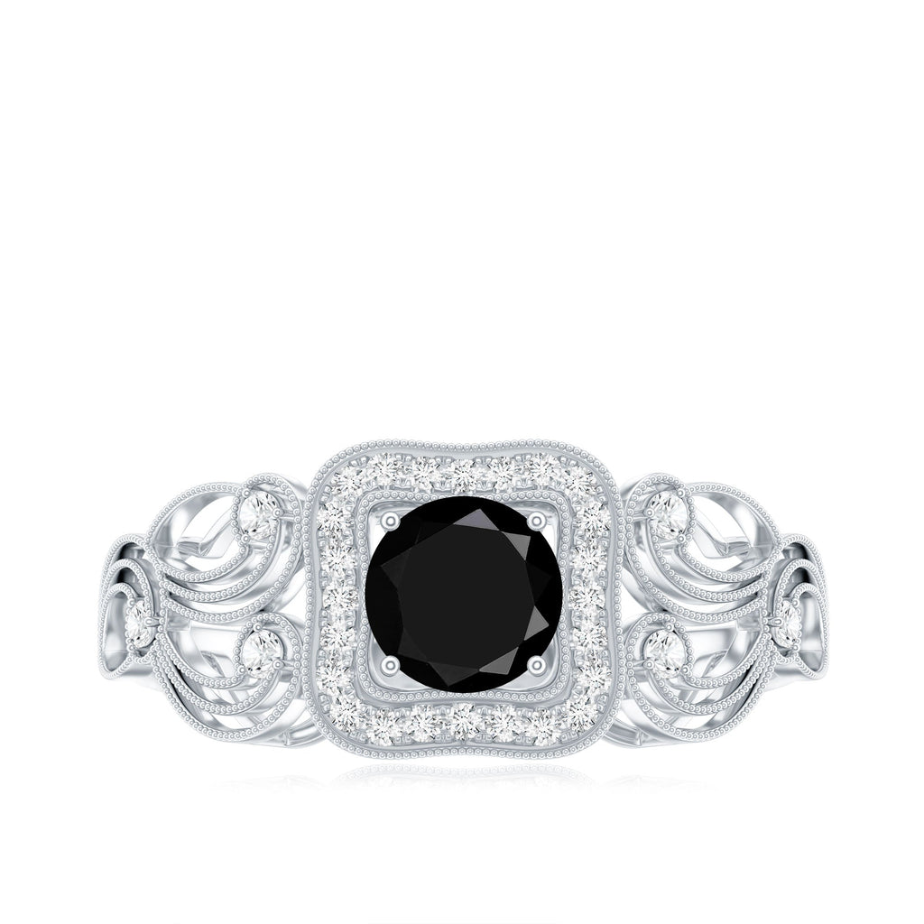 Vintage Style 0.84 Carat Lab Grown Black Diamond Engagement Ring with White Diamond